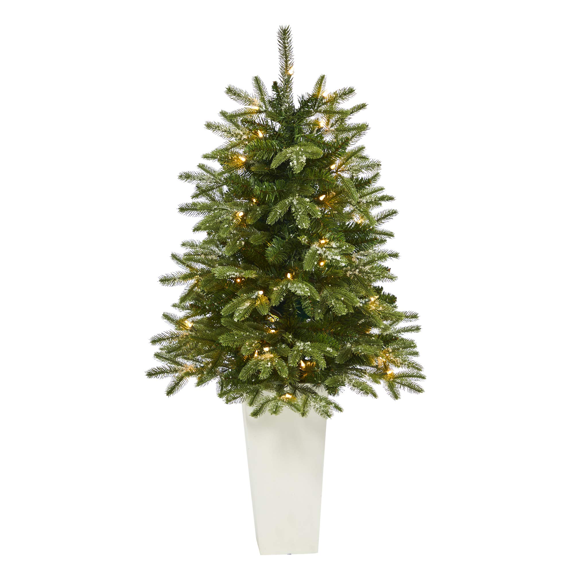 Nearly Natural 44-Inch Snowed Grand Teton Fir Artificial Christmas Tree with 50 Clear Lights & 111 Bendable Branches in Planter - Perfect for Living Room, Office, or Holiday Decorations