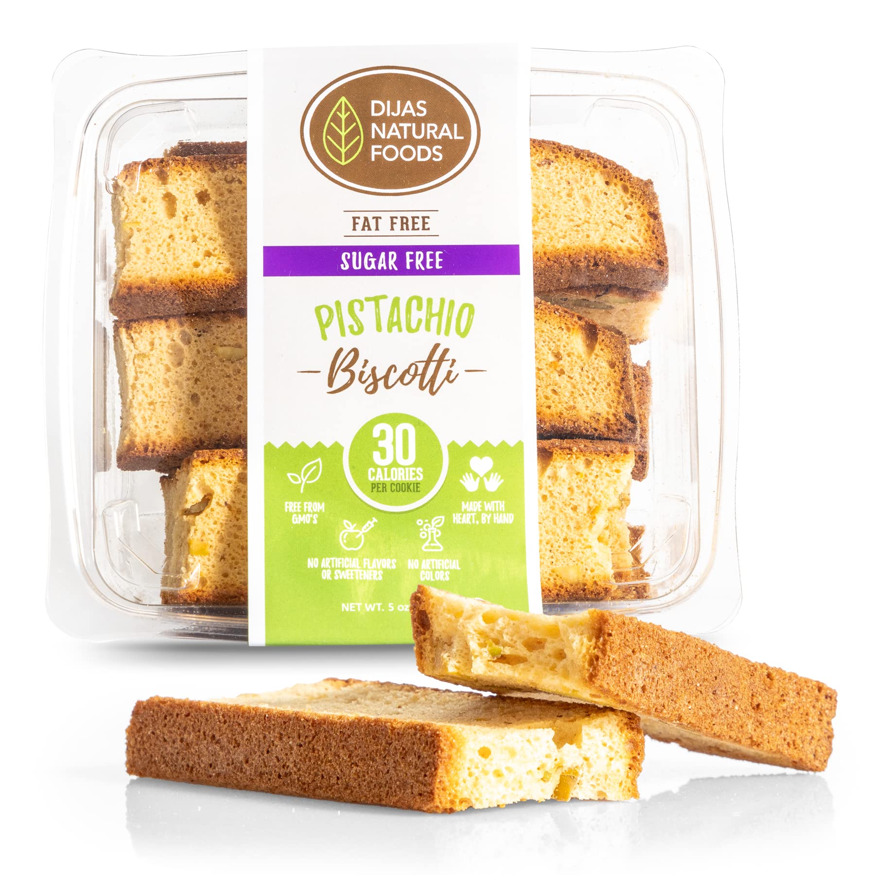 DIJAS Sugar-Free Crunchy Biscotti Cookies - Natural, Fat-Free, No Preservatives, Low-Calorie Healthy Snack (5oz, Pistachio Flavor) | Perfect for Keto Diet, Coffee Pairing & On-the-Go Energy