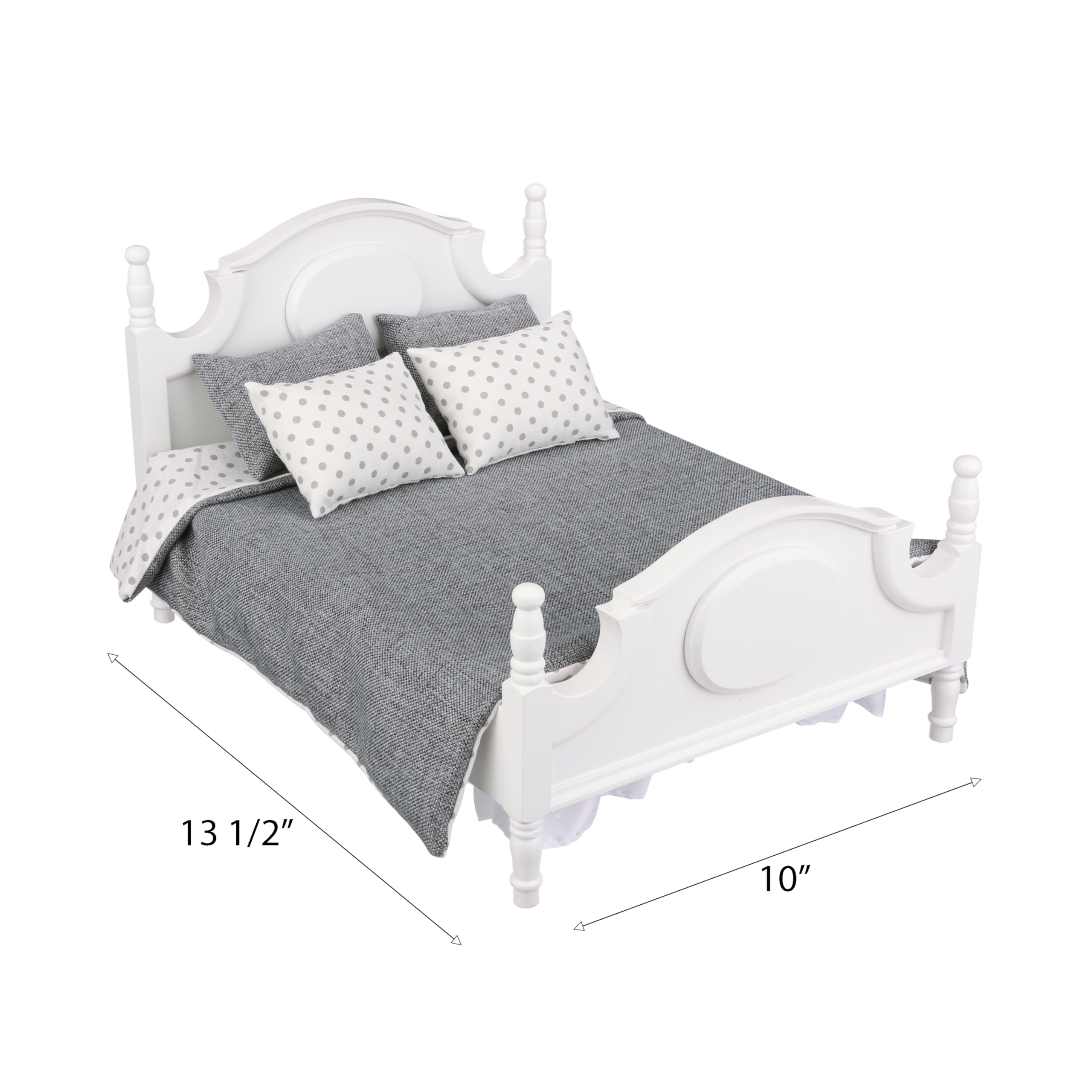 1/6 Scale Dollhouse Furniture Queen Bed Set - Miniature Grey Bedding & White Wooden Frame for 12 Inch Dolls | Perfect for Dollhouse Bedrooms, DIY Projects & Collectors Display