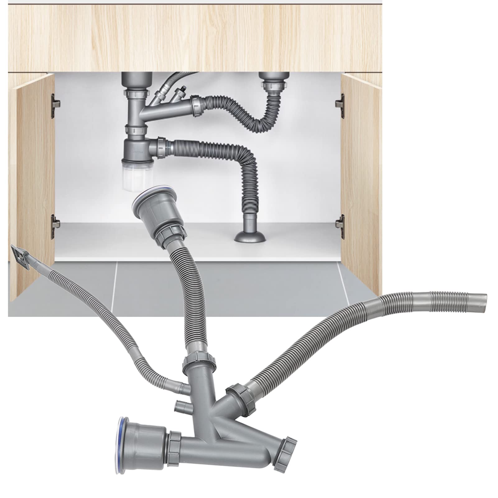 Septpenta 110mm/4.3in Double Kitchen Sink Drain with 50mm/2in Basin - Flexible, Extendable, Fast Draining, Clog-Resistant for Kitchen Sinks & Garbage Disposals | Perfect for Busy Kitchens & Food Prep Areas
