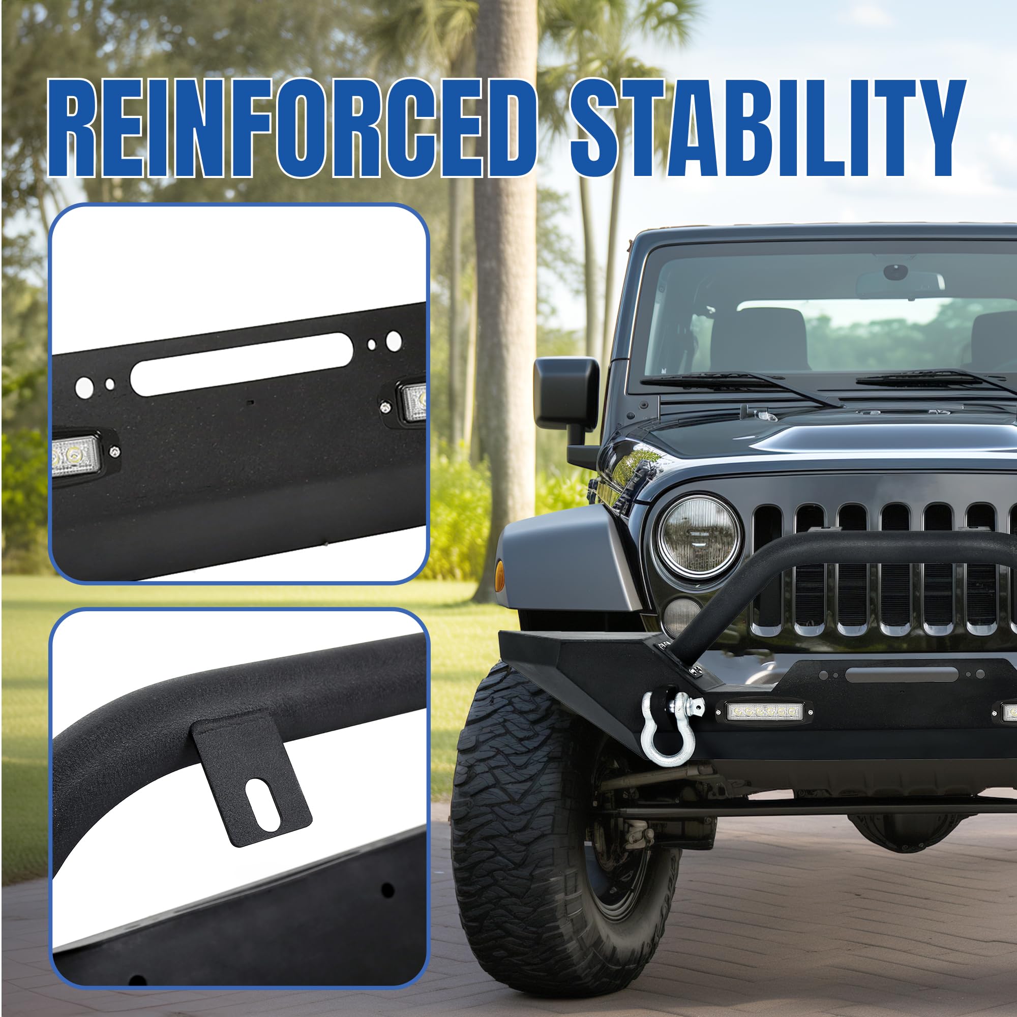 KUAFU Black Front Winch Bumper with D-Rings & 2 LED Lights for 1986-2006 Jeep Wrangler TJ YJ | Off-Road Adventure & Heavy-Duty Towing Accessory