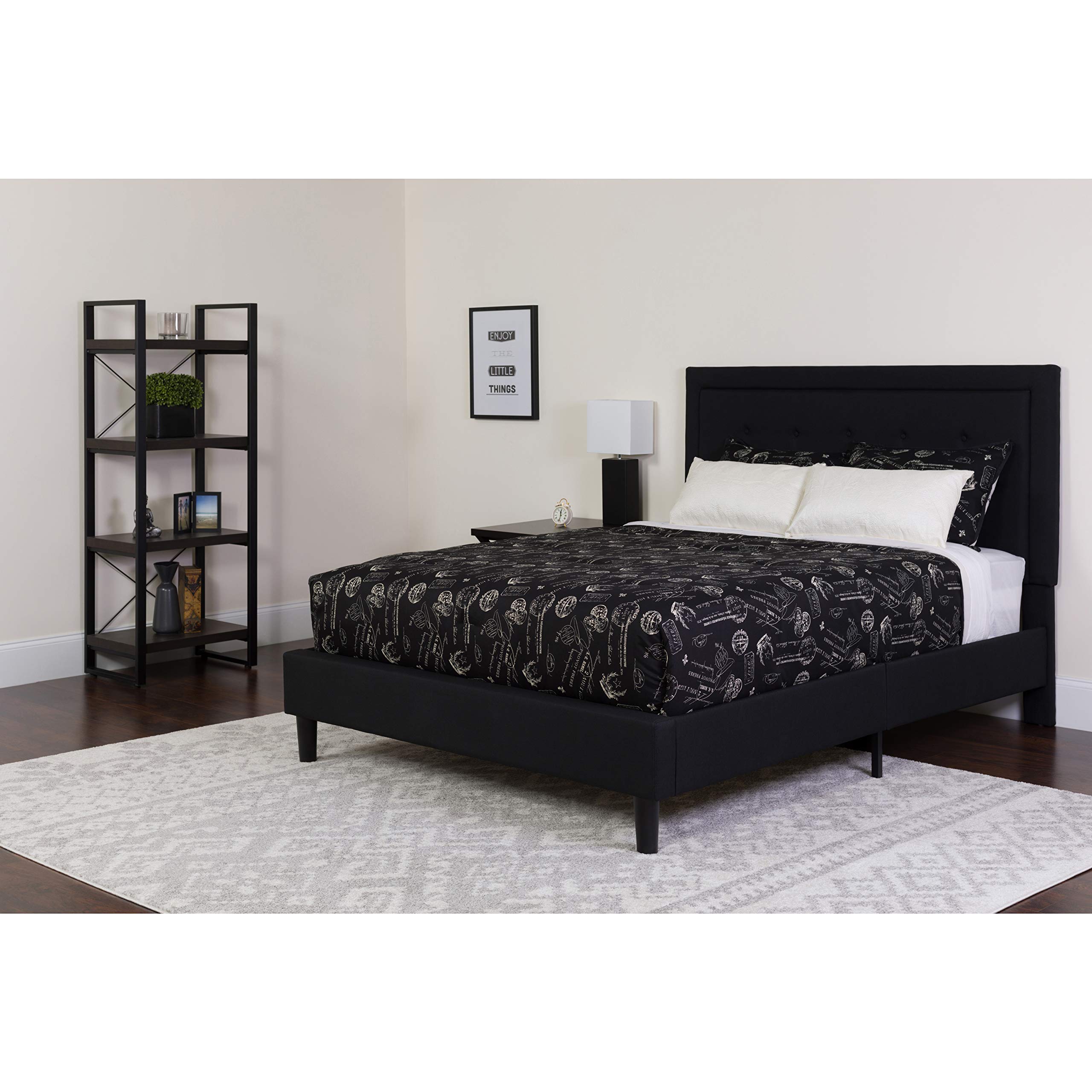 Emma & Oliver Full Panel Tufted Platform Bed with Memory Foam Mattress - Queen Size Black Fabric Bed Frame for Modern Bedroom | Perfect for Master Bedroom, Guest Room & Apartment Sleeping