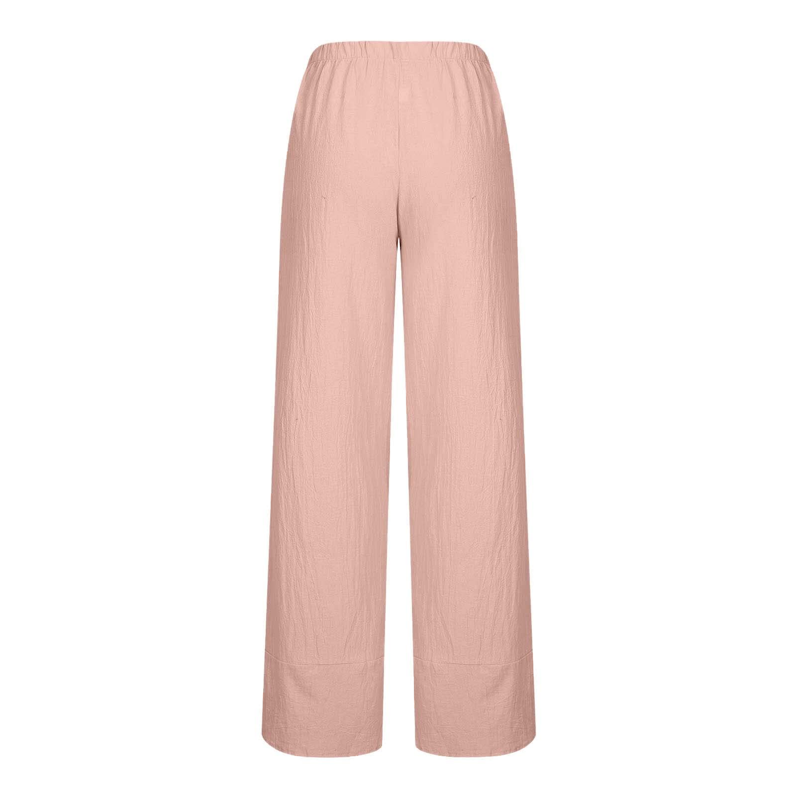 SEAOPEN Women's Cotton Linen Palazzo Pants - Elastic Waist Wide Leg Capri Pants, Casual Loose Beach Trousers with Pockets (Pink, Large) | Perfect for Summer, Vacation & Boho Style Outfits