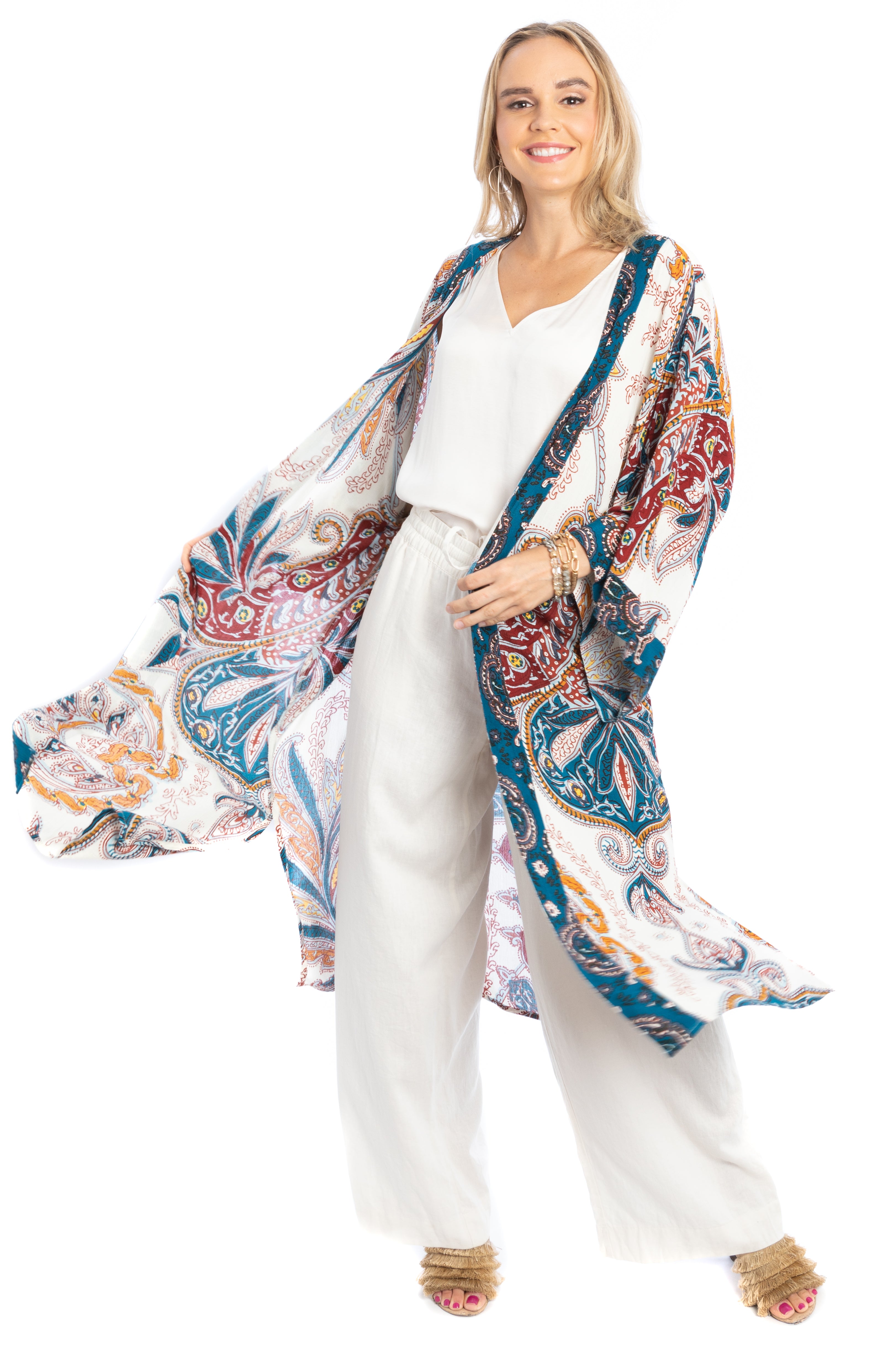 Stylish Multicolor Paisley Kimono Duster Cardigan - Lightweight Long Open Front Cover Up for Women - Perfect for Beach, Vacation & Boho Fashion