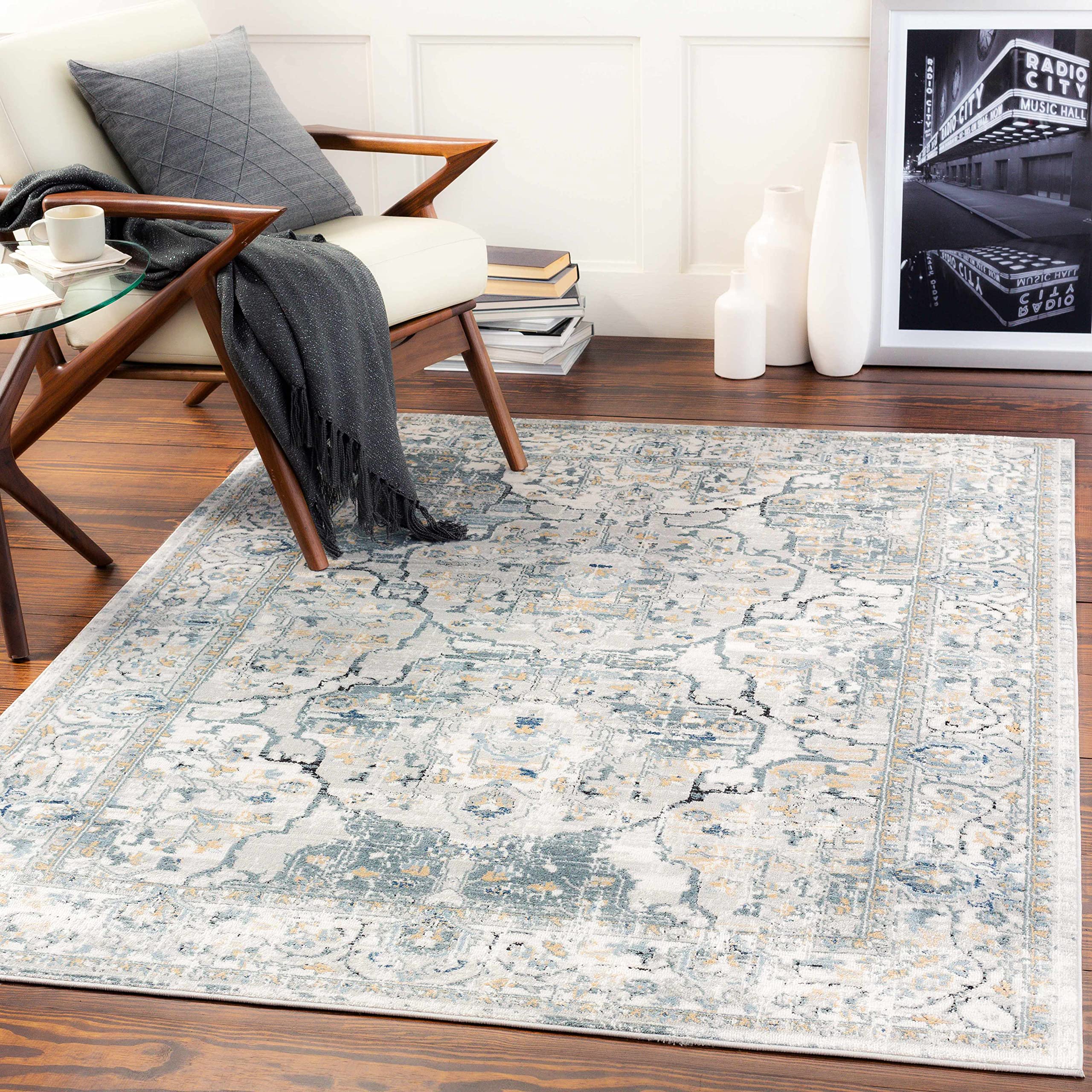 Premium Hauteloom Parcoal Traditional Area Rug - 9' x 12' - Soft Beige, Black & Blue - Perfect for Living Room & Bedroom Decor - Adds Elegance & Comfort to Your Home