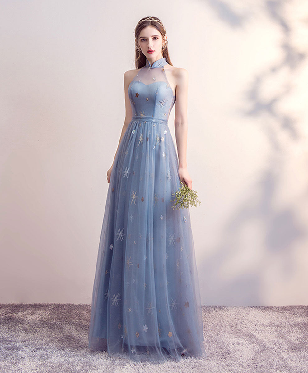 Elegant Blue Tulle Long Prom Dress & A-Line Bridesmaid Gown - Perfect for Formal Dances, Weddings, and Special Occasions