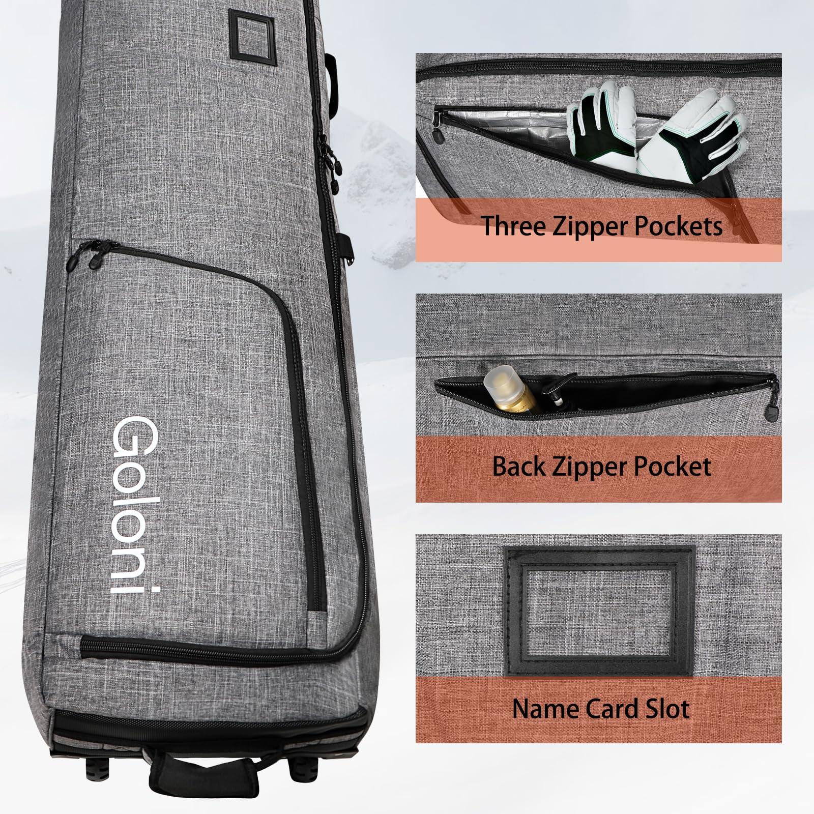 Goloni Wheeled Ski and Snowboard Travel Bag - 600D Waterproof Padded Snow Gear Carrier for Airplanes - Fits 2 Pairs of Skis (Foldable Design) - Perfect for Winter Vacations & Mountain Resorts