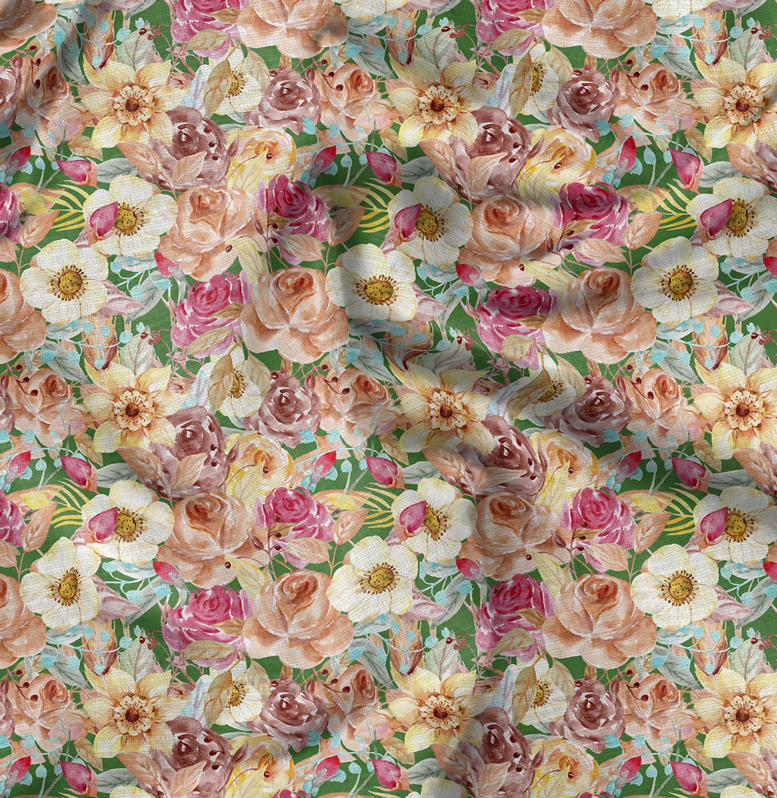 Soimoi Moss Green Georgette Fabric by The Yard - 42 Inch Wide Floral Printed Textile with Anemone & Roses Botanical Design for DIY Crafts, Dresses, Curtains & Home Decor