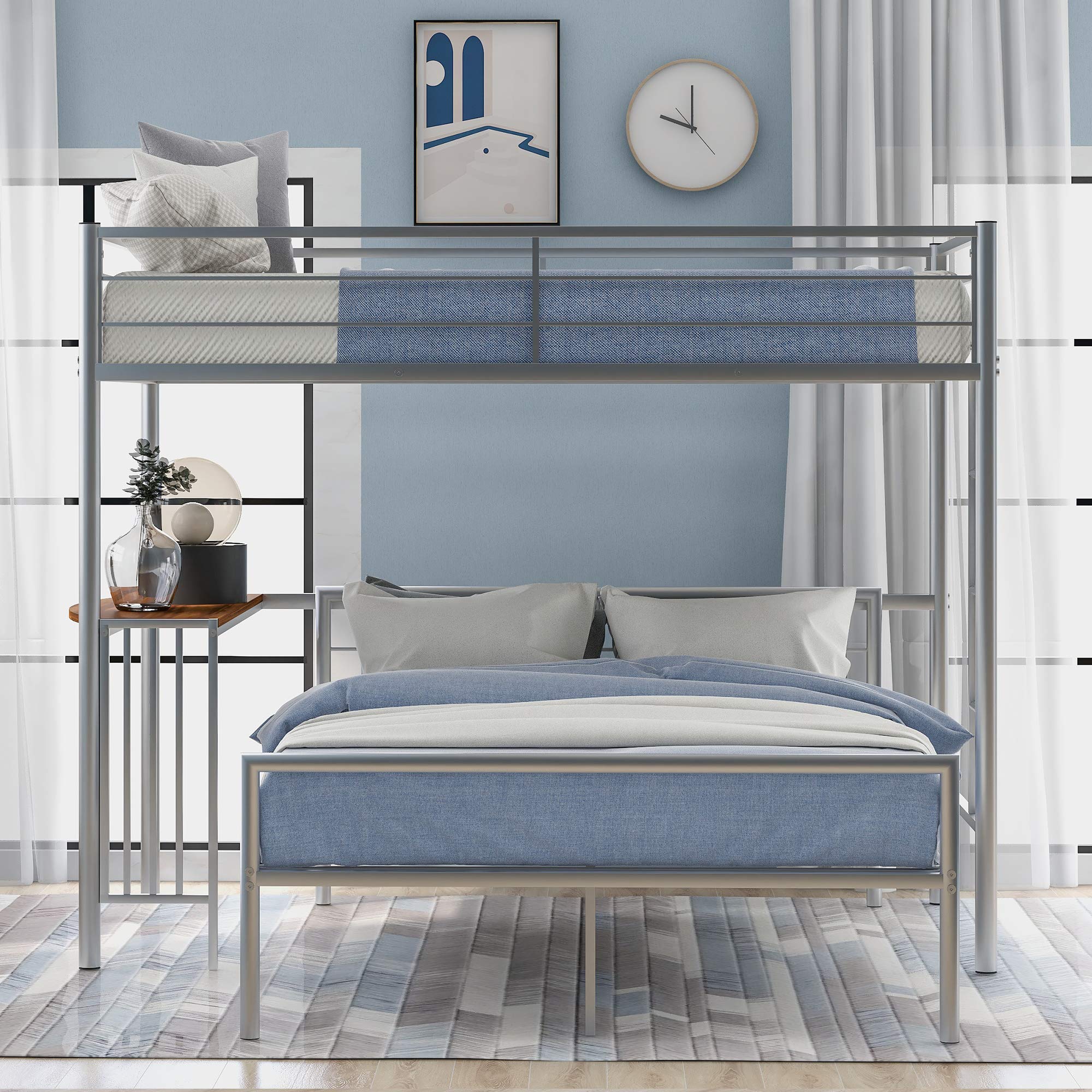 Rhomtree Twin Over Full Metal Bunk Bed with Built-in Desk - Space Saving Loft Bed with Ladders & Guardrails, No Box Spring Needed - Sturdy Home & Bedroom Furniture (Silver) | Perfect for Kids Rooms, Guest Rooms & Small Space Living