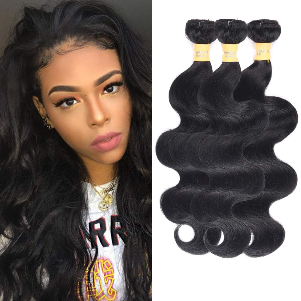 WOME Brazilian Human Hair Bundles 100% Natural Black Body Wave Hair Weaves - 3 Bundles Human Hair Extensions (16