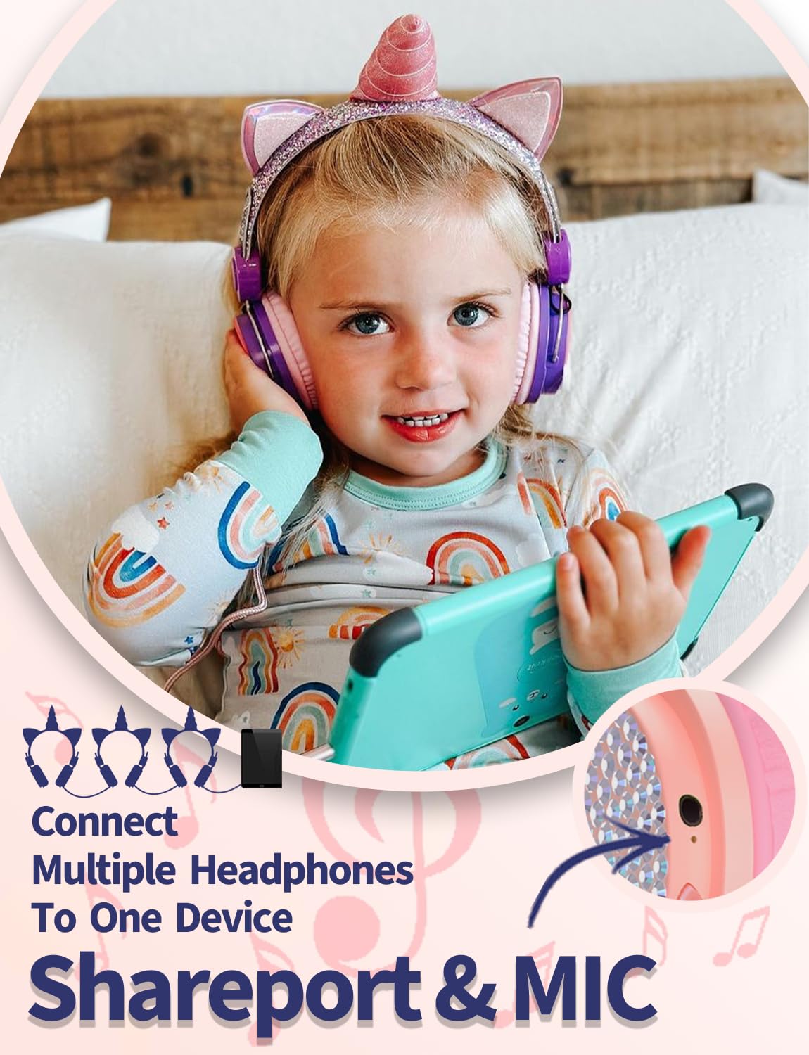 **Rainbow Unicorn Kids Headphones with Microphone - Wired Over-Ear Headset with 3.5mm Jack, HD Sound for School, Online Study, Kindle, Tablet & PC - Perfect Birthday Gift for Girls (Purple)**    *Ideal for virtual learning, gaming, music, and watching videos at home or in the classroom.*