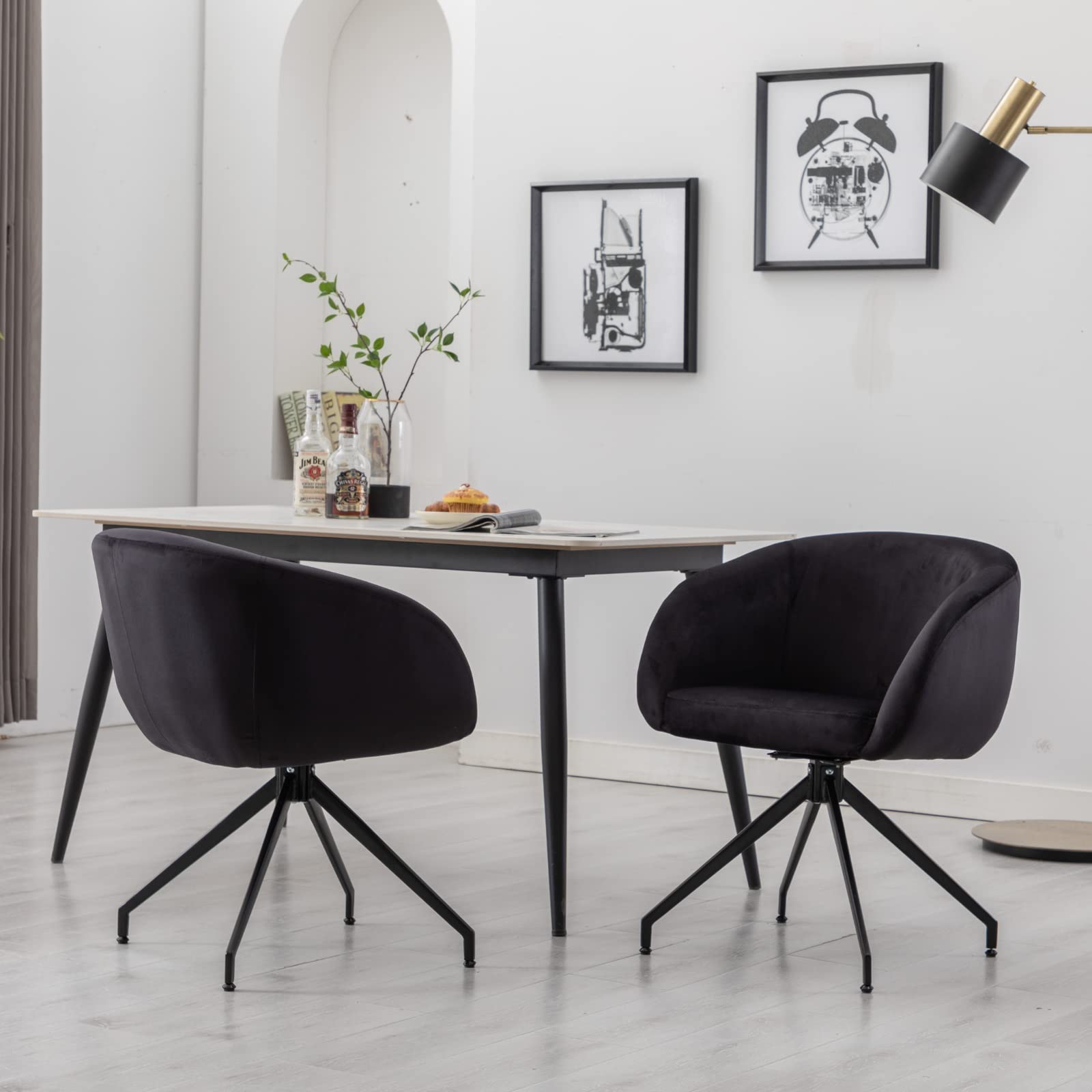HEAH-YO Swivel Dining Chair - Velvet Barrel Back Side Chair with Solid Metal Legs, Modern Vanity Armchair for Dining Room, Bedroom, Office - Black | Perfect for Small Spaces, Breakfast Nooks & Makeup Areas