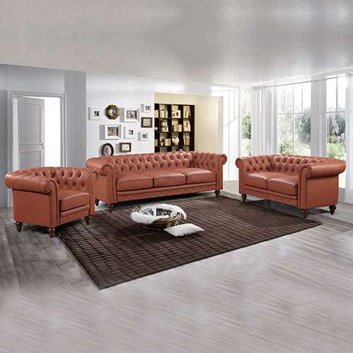 1 2 3 Seater Brown Faux Leather Sofa Set - Button Tufted Living Room Lounge Furniture for Home Theater, Family Room & Office Waiting Area