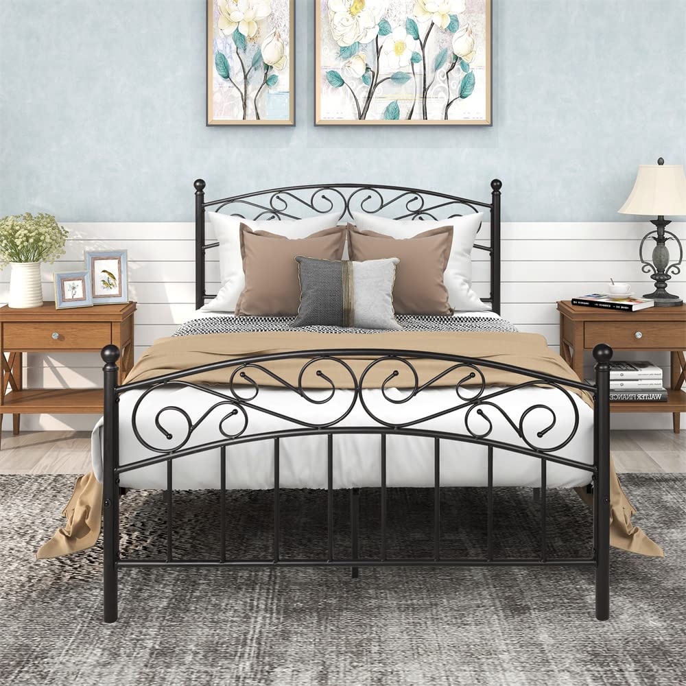 Victorian Style Full Size Metal Platform Bed Frame with Headboard & Footboard - Sturdy Steel Slats Mattress Foundation, Under Bed Storage Space, No Box Spring Needed (Black) - Perfect for Master Bedroom, Guest Room & Small Space Living
