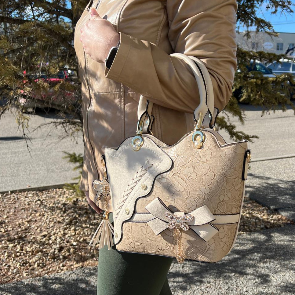 Elegant Italian Style Small Handbag with Dragonfly, Floral, and Bow Design - Perfect for Evening Parties, Weddings, and Special Occasions