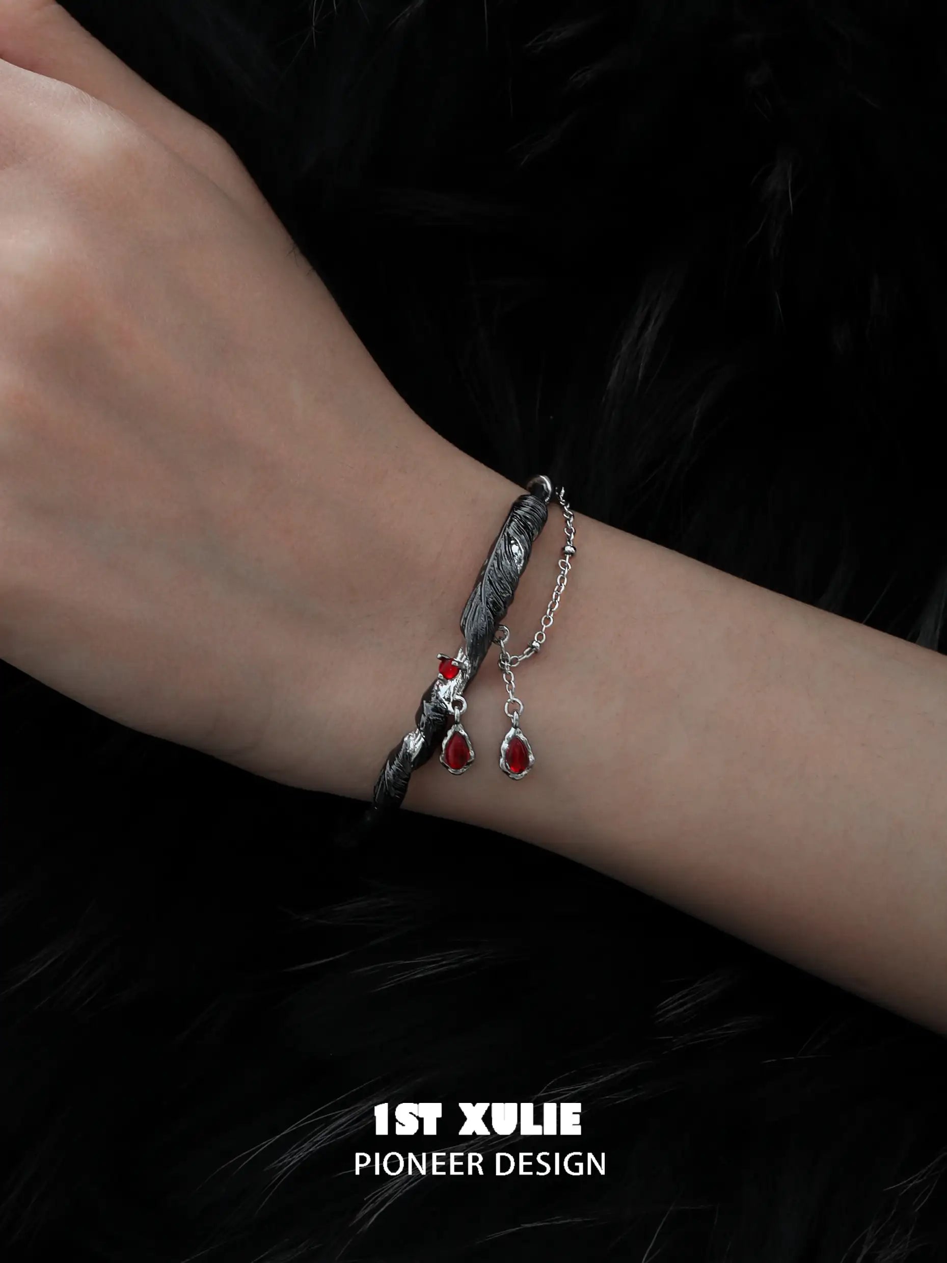 Lucifer Red Crystal 18K Black Gold Charm Bangle Bracelet for Women - Elegant Luxury Jewelry Gift for Anniversary, Birthday & Special Occasions