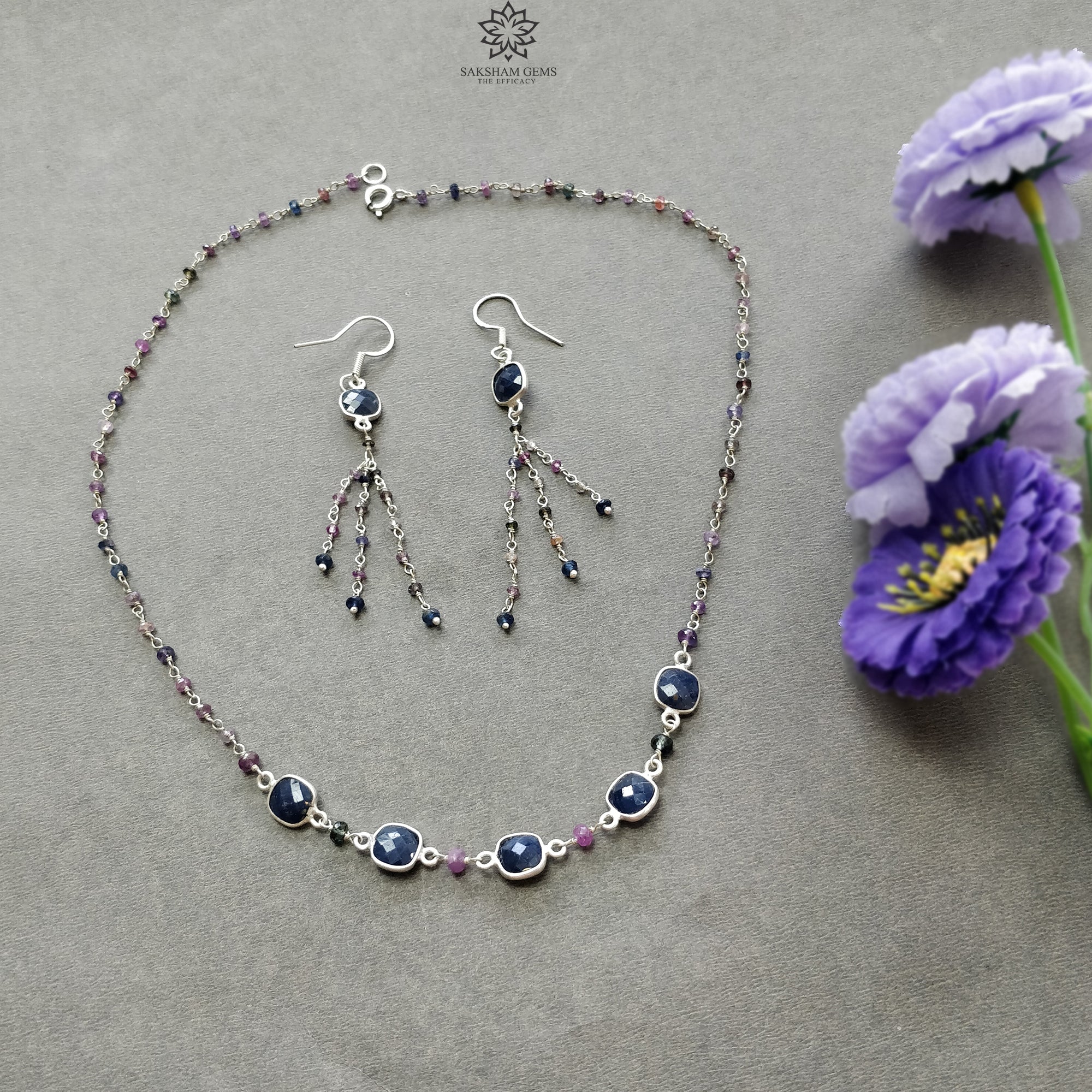 925 Sterling Silver Natural Blue & Multi Sapphire Beads Necklace & Earrings Set - 9.66g Untreated Gemstone Jewelry for Women, Gift for Her, Perfect for Weddings, Parties & Special Occasions