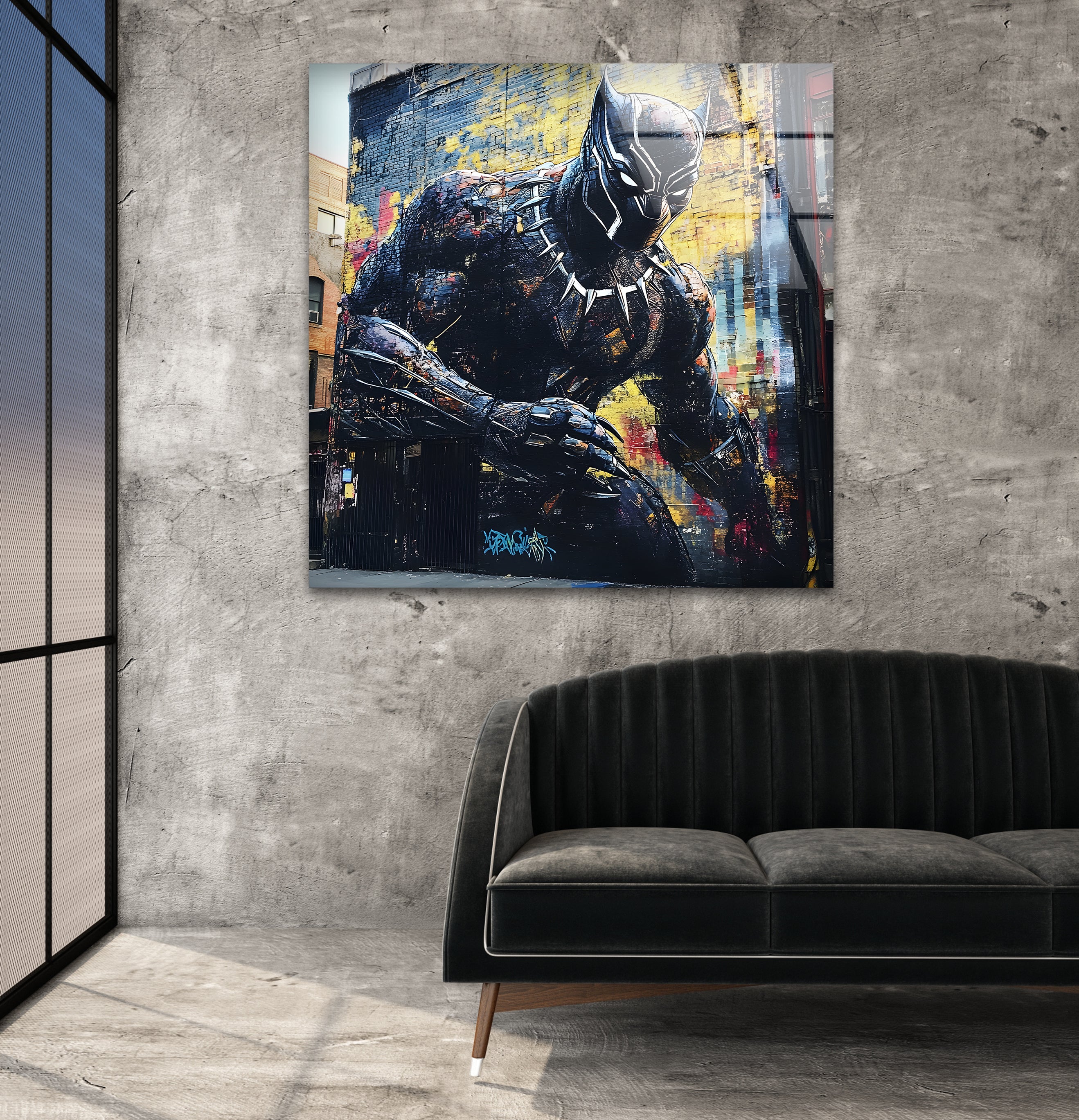 Black Panther Graffiti Glass Wall Art - Modern Home Decor for Living Room, Bedroom & Office - Unique Superhero Themed Gift for Marvel Fans
