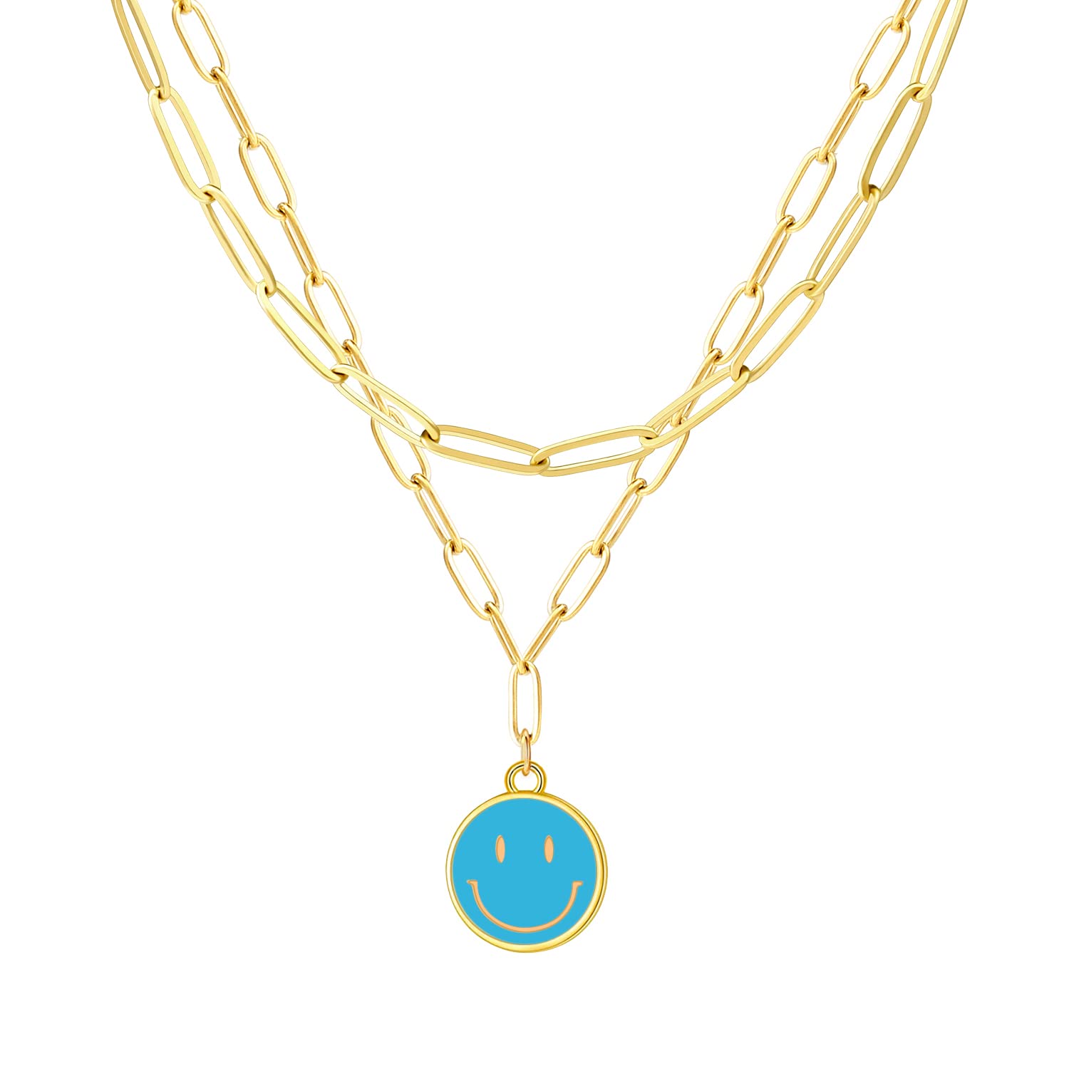 Smiley Face Layered Choker Necklace for Women - Dainty Stainless Steel Paperclip Chain Necklace with Adjustable Round Smile Charm | Perfect for Layering, Everyday Wear & Gift Giving