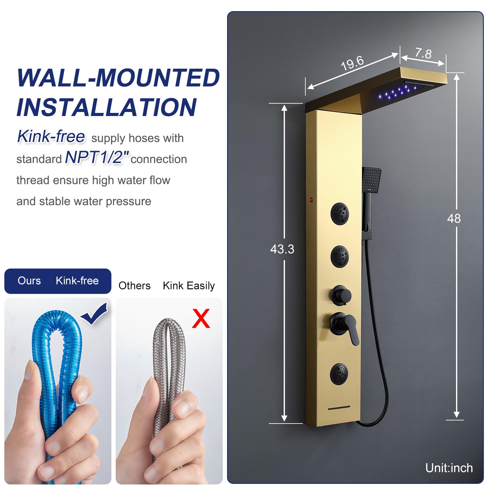 ROVATE 5-in-1 Stainless Steel Shower Panel Tower System - Brushed Gold LED Rainfall Shower with Waterfall, Massage Jets & Handheld Sprayer - High Pressure Bathroom Shower Column with Tub Spout for Luxurious Spa Experience at Home