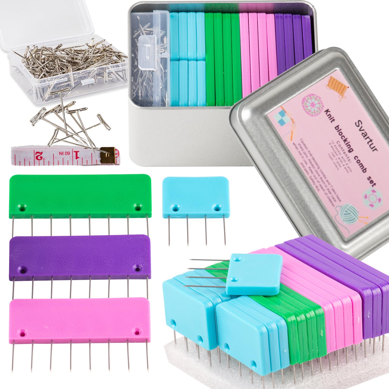 Crochet Blocking Pin Kit with 20 Knit Blocking Combs & 100 T-Pins - Rainbow Knitting Block Pins for Blocking Mats in Multicolor & White - Perfect for DIY Knitting, Crochet Projects & Fabric Blocking