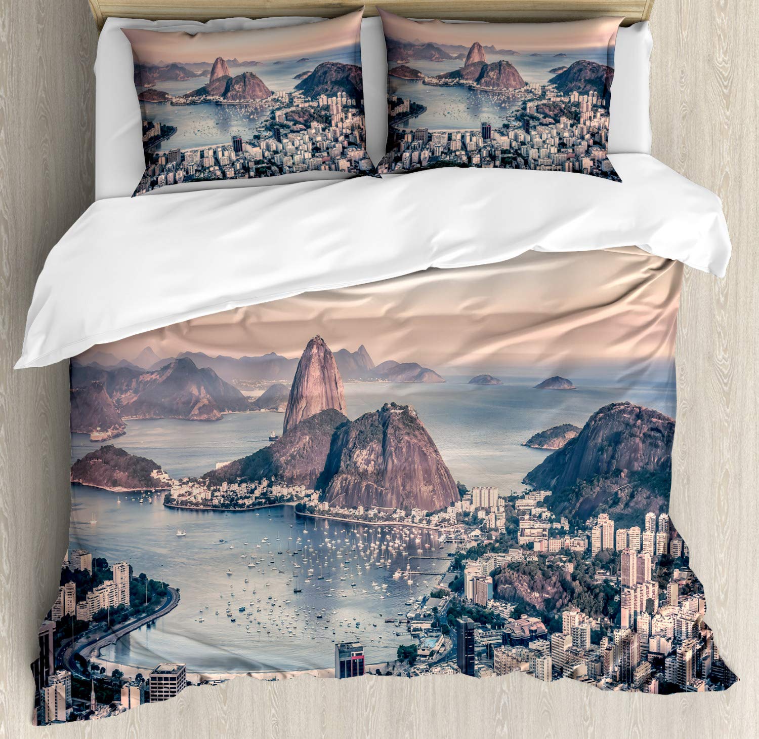 Ambesonne Vintage Beach Duvet Cover Set - Rio de Janeiro Coastline Brazil City Beach Landscape Sunset Design, 3-Piece Queen Size Bedding Set with 2 Pillow Shams, Multicolor | Coastal Decor, Boho Bedroom, Vacation Home Style