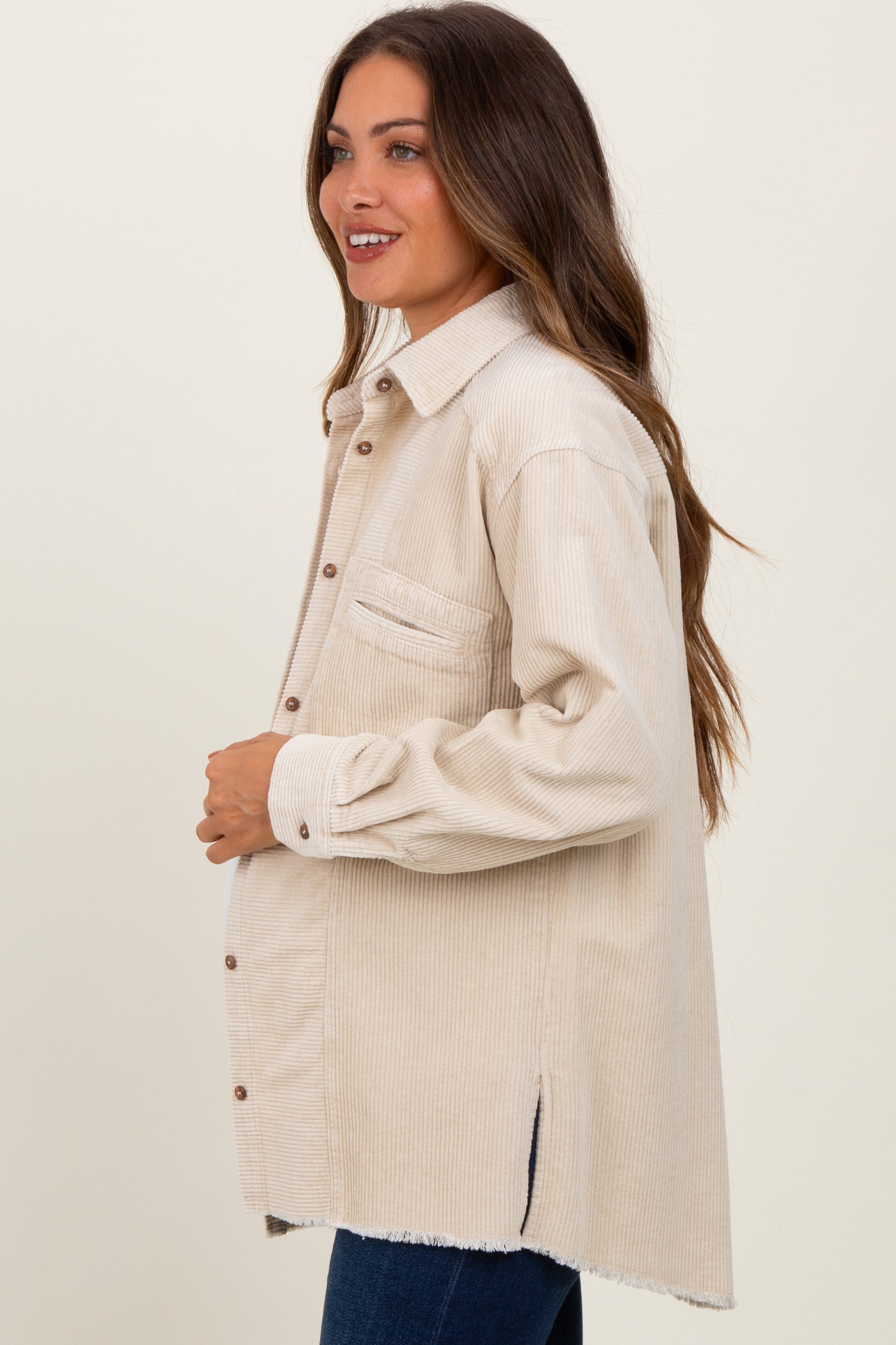 Beige Corduroy Fringe Hem Maternity Shirt Jacket for Women - Soft Stretch Pregnancy Cardigan - Perfect for Casual Outfits, Nursing & Maternity Photos