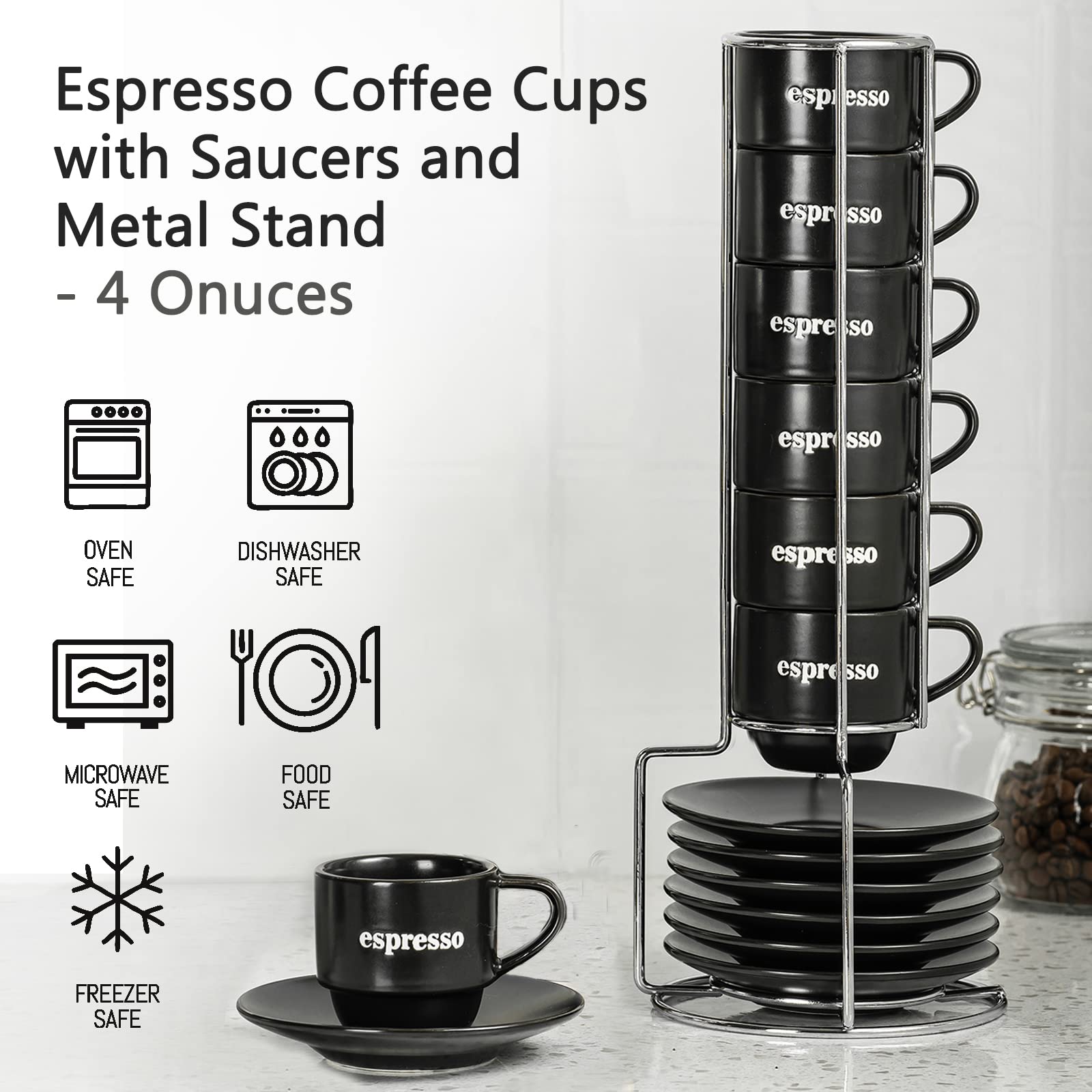 LYEOBOH 4oz Porcelain Espresso Cups with Saucers Set - 6 Stackable Demitasse Coffee Mugs with Metal Stand for Latte, Cappuccino, Mocha & Tea - Perfect for Home Cafes, Coffee Shops & Gifts