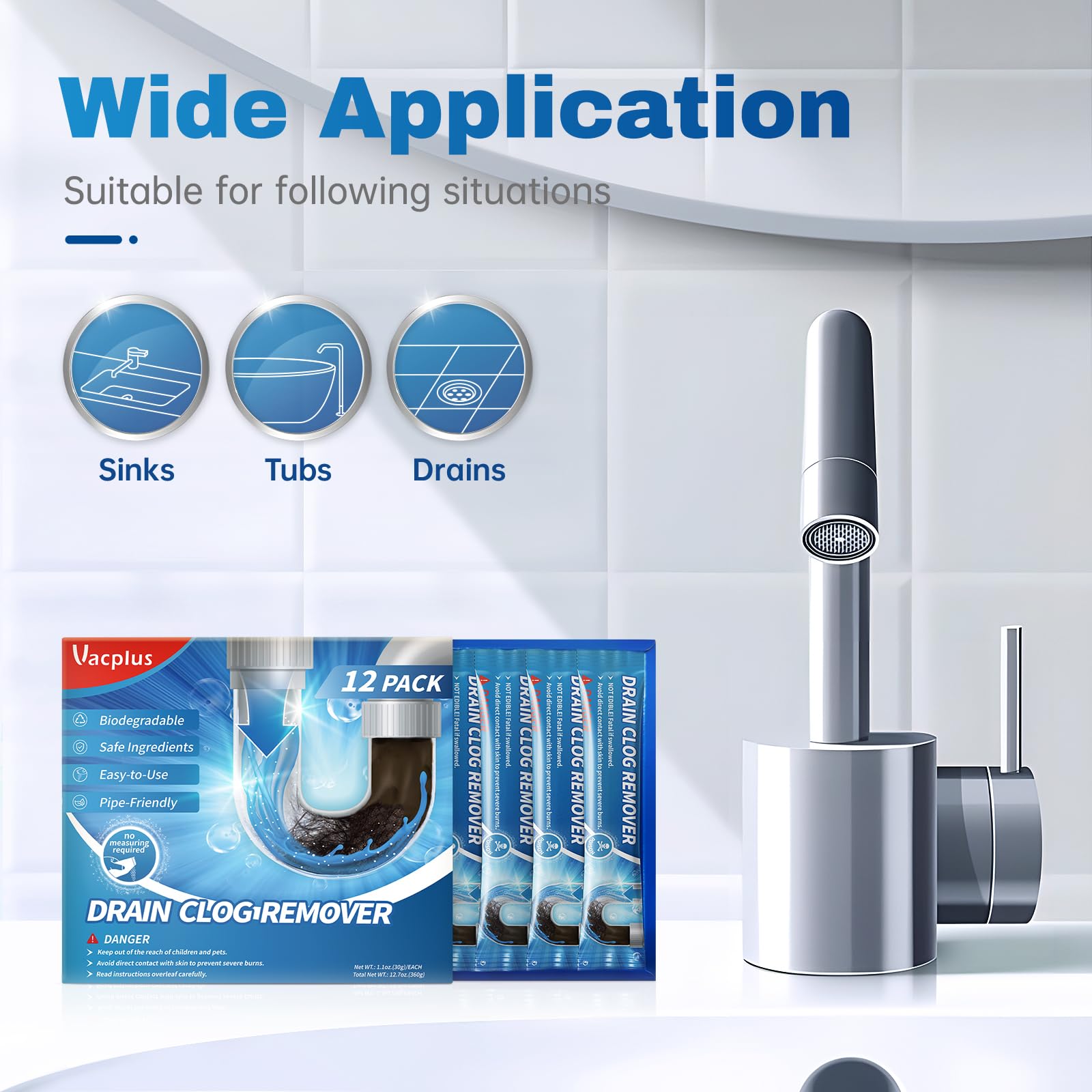Vacplus 12-Pack Drain Clog Remover - Powerful Sink Drain Cleaner for Hair Clogs, Pipe-Friendly Drain Opener & Deodorizer - Ideal for Bathroom, Kitchen & Shower Drain Maintenance