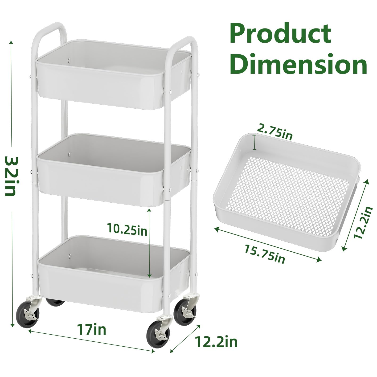 3-Tier Rolling Metal Cart with Wheels - Heavy Duty Kitchen Storage Organizer for Books, Snacks & Tools - White - Perfect for Small Spaces, Dorm Rooms & Office Organization
