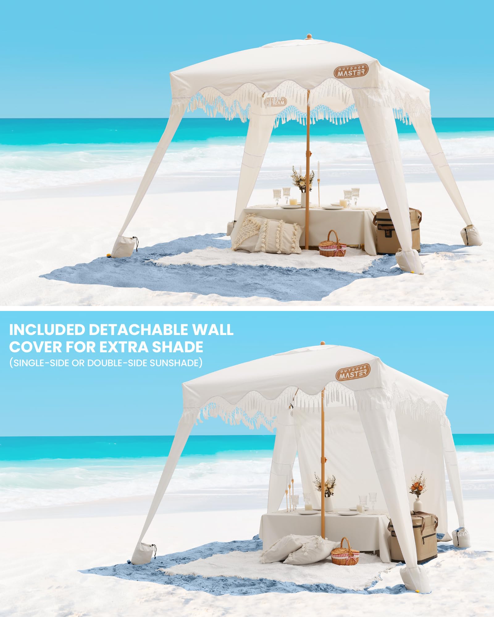 OutdoorMaster 6' x 6' Portable Beach Cabana with Fringe & Side Wall - UPF 50+ UV Protection Sun Canopy for Family, Kids & Friends - Easy Setup Beach Shelter in Romantic White - Perfect for Beach Days, Pool Parties & Outdoor Picnics