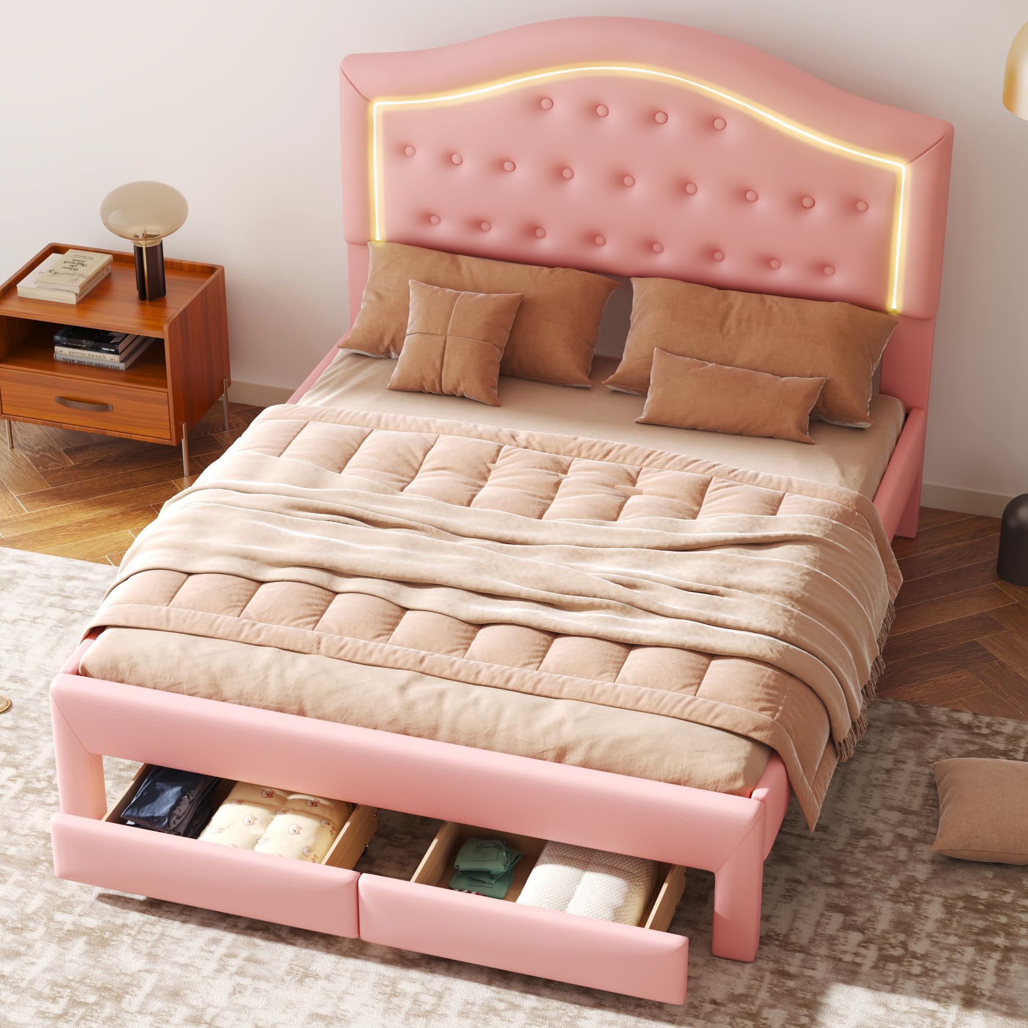 Pink Queen Size Upholstered Platform Bed Frame with Storage Drawers & LED Headboard - Seashell Shaped Princess Bed for Girls | Perfect for Kids' Bedrooms, Teen Rooms & Dreamy Princess-Themed Decor