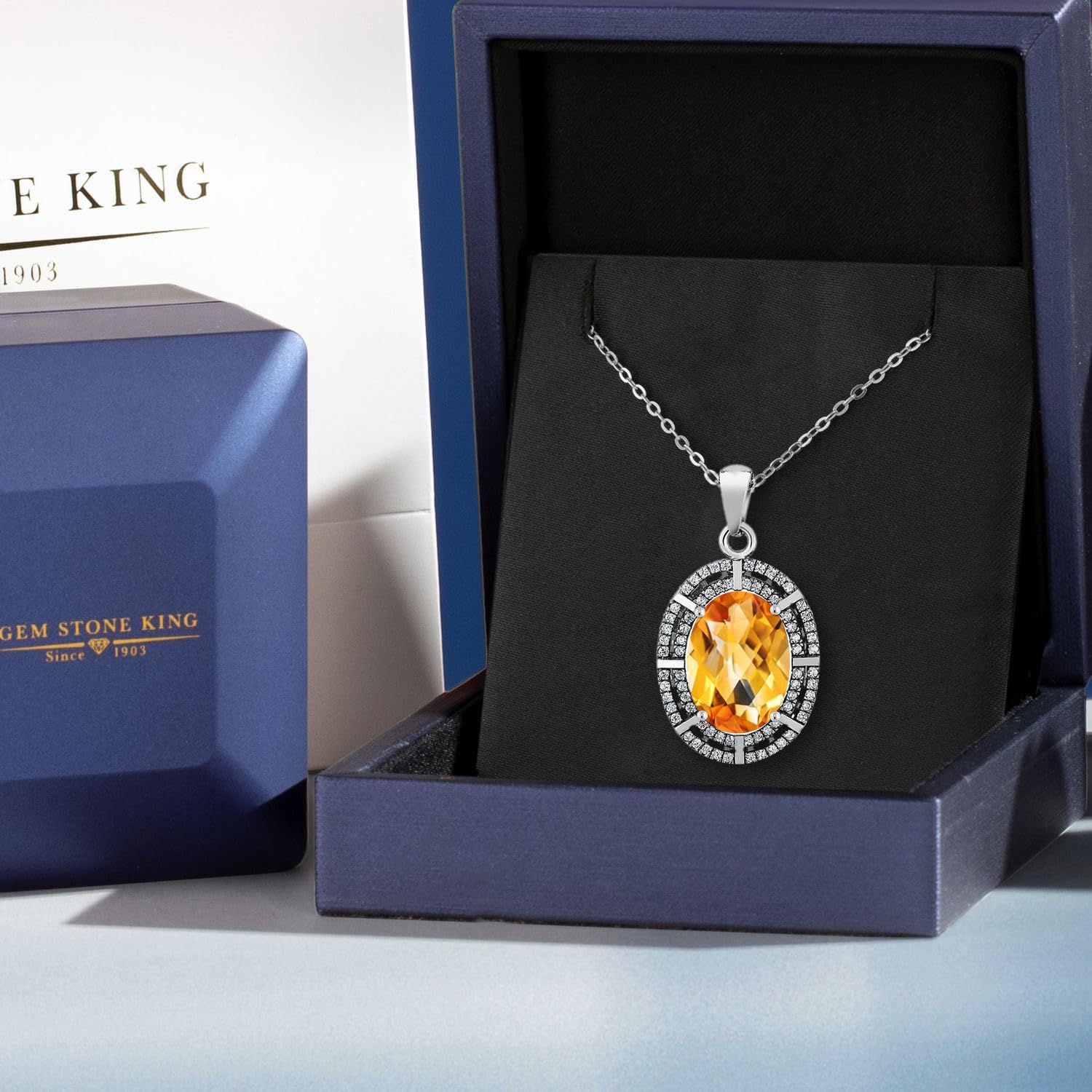 Gem Stone King 5-10 Cttw Two Row Halo Necklace with 14X10MM Oval Birthstone in 925 Sterling Silver | Double Row Halo Pendant Necklace for Women | 18 Inch Silver Chain | Perfect for Birthdays, Anniversaries & Special Occasions