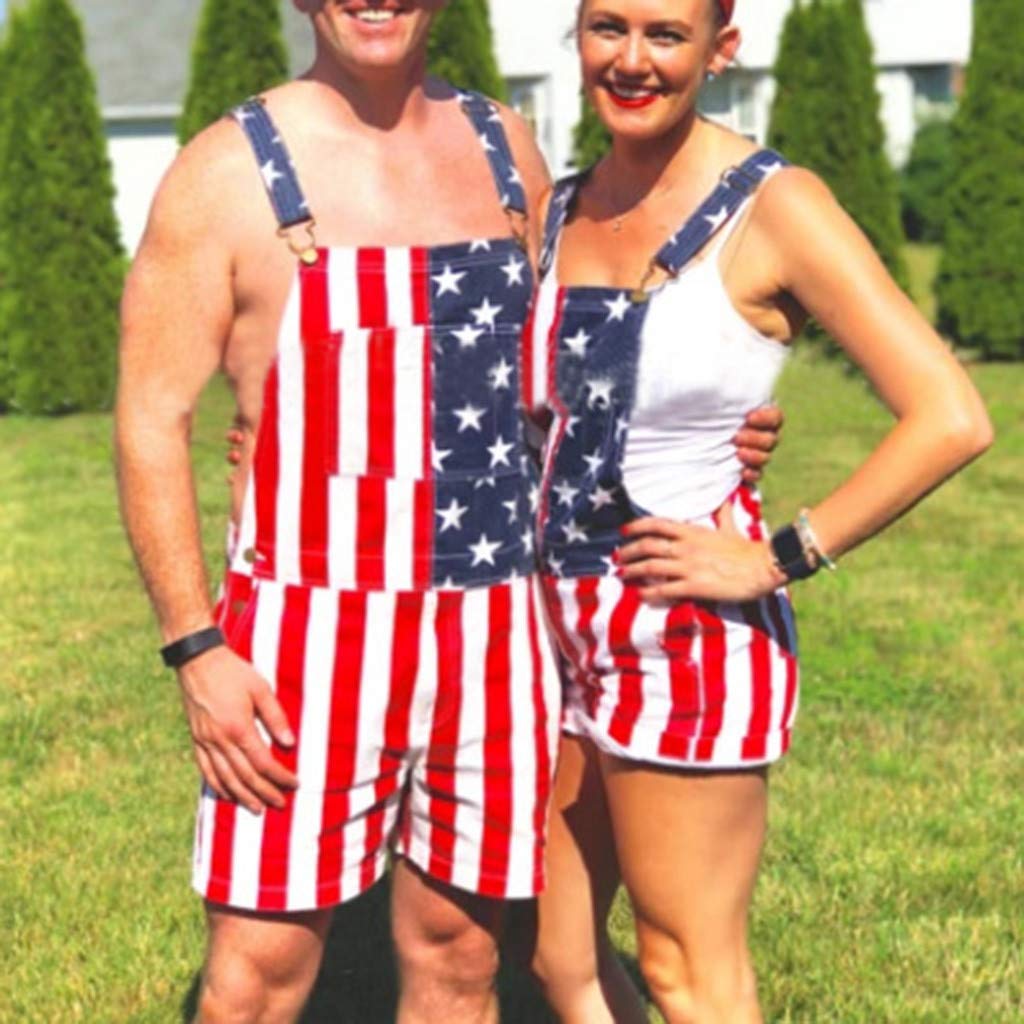 American Flag Denim Overalls - Adjustable Bib Shorts Romper for Men & Women | Casual Summer Outfit, Workwear & Patriotic Style