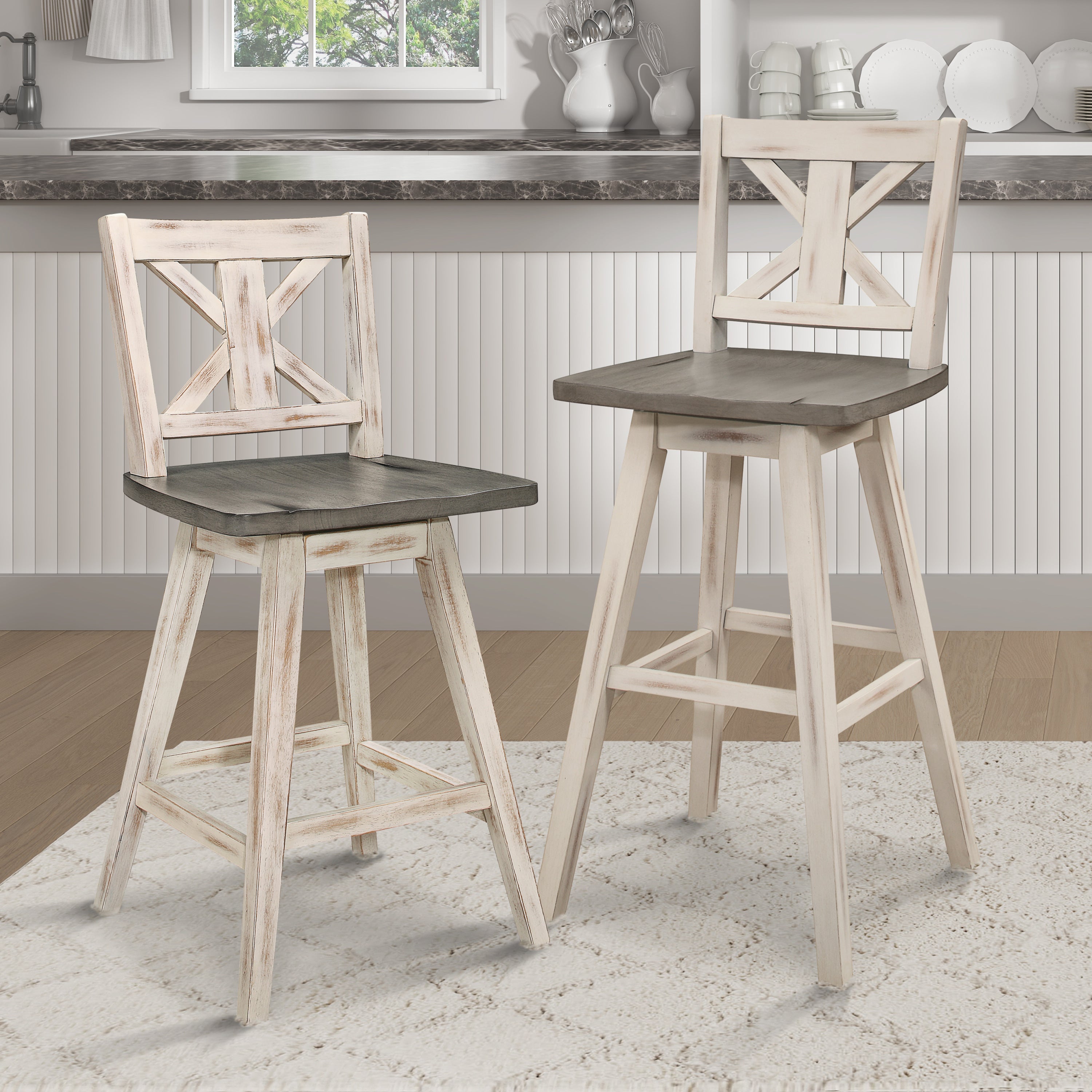 2-Piece Counter Height Swivel Bar Stool Set - 360° Rotating White & Gray X-Back Chairs, Solid Rubberwood Construction for Kitchen Island, Dining Room & Breakfast Nook - Modern Home Furniture