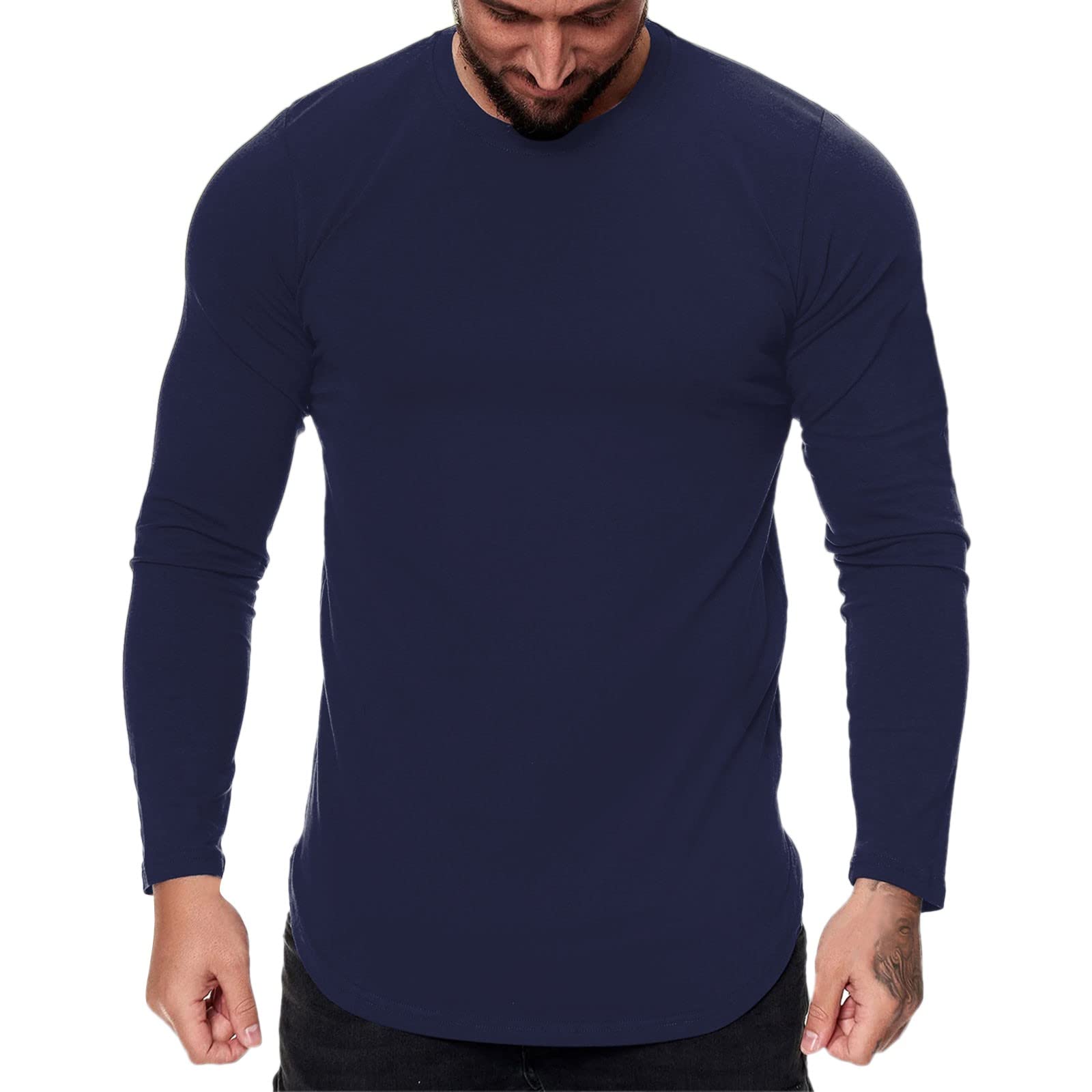**Men's Big & Tall Long Sleeve T-Shirts - Casual, Sports, Fitness & Outdoor Wear - Solid Color with Curved Hem - Perfect for Gym, Hiking & Everyday Comfort**