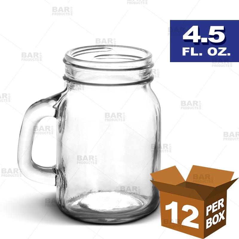 BarConic® 4.5 oz Mason Jars with Handles - Pack of 12 Glass Drinking Cups for Iced Coffee, Smoothies & Cocktails - Perfect for Home, Cafe & Party Use