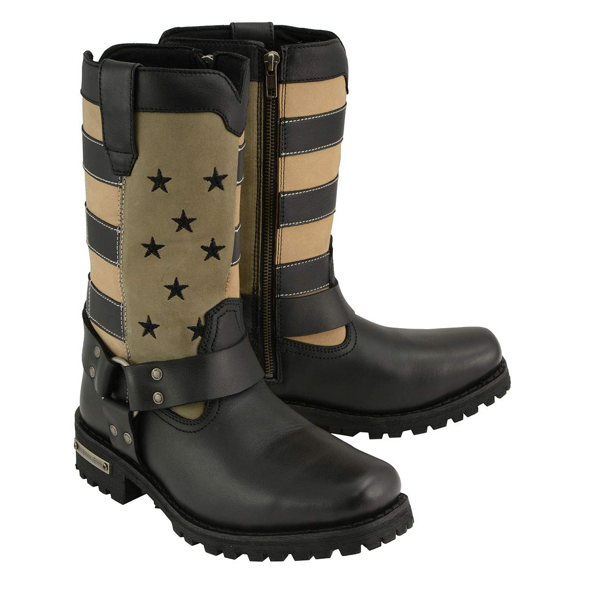 Milwaukee Leather MBL9363 Women’s ‘Stars and Stripes’ Black and Tan Harness Boots - Size 8 | Western Cowgirl Riding Boots for Country Music Festivals & Rodeo Events