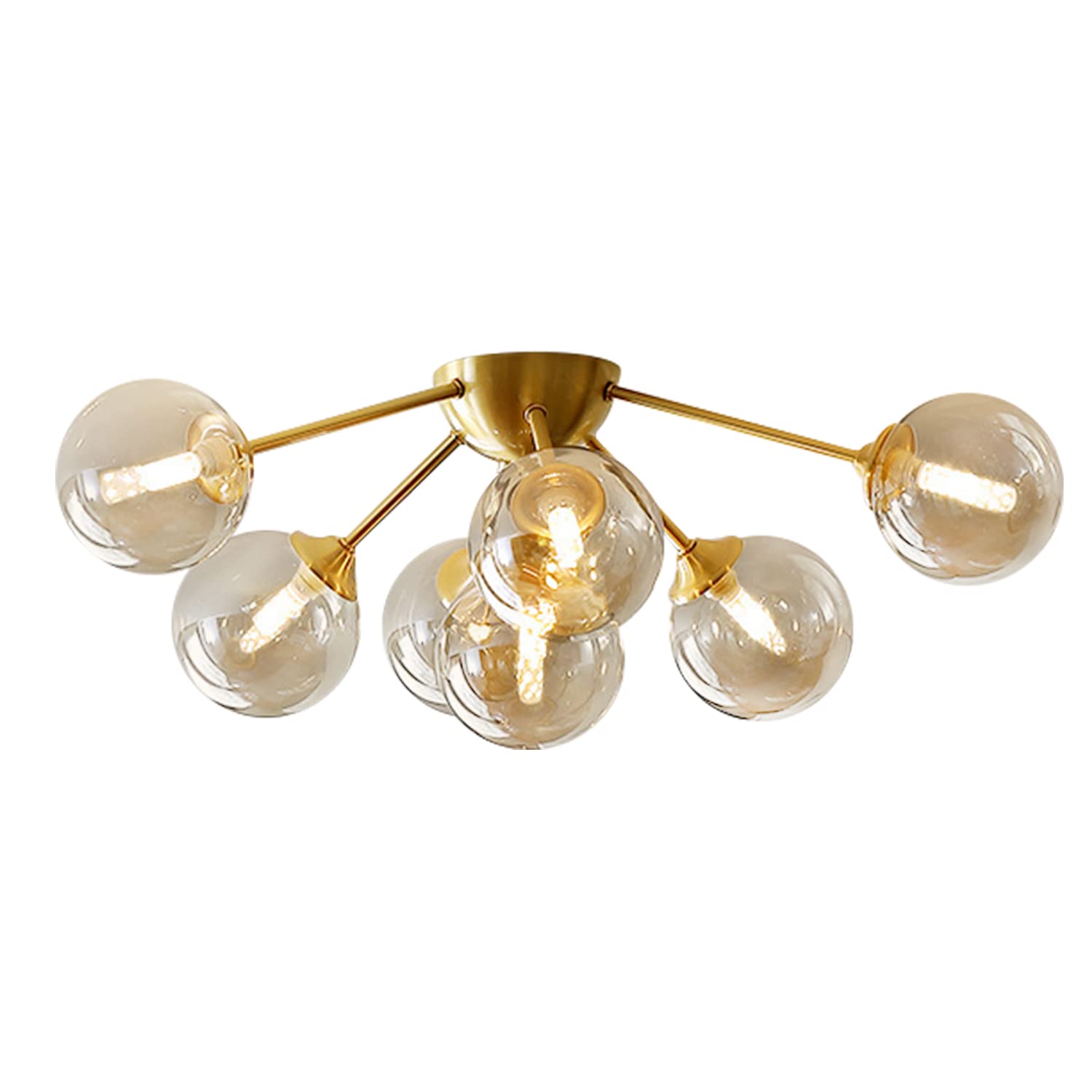 7-Lights Amber Glass Flush Mount Ceiling Light - Brushed Gold Globe Chandelier - Mid Century Modern Fixture for Living Room, Bedroom, Dining Room & Hallway - Warm Ambient Lighting for Home Decor