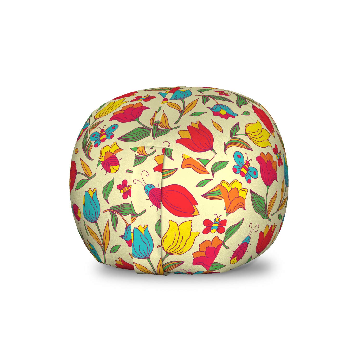 Ambesonne Floral Toy Storage Bag Chair - Retro Butterfly & Tulip Pattern, Washable Stuffed Animal Organizer, Small Multicolor for Kids' Room, Nursery, or Playroom Decor