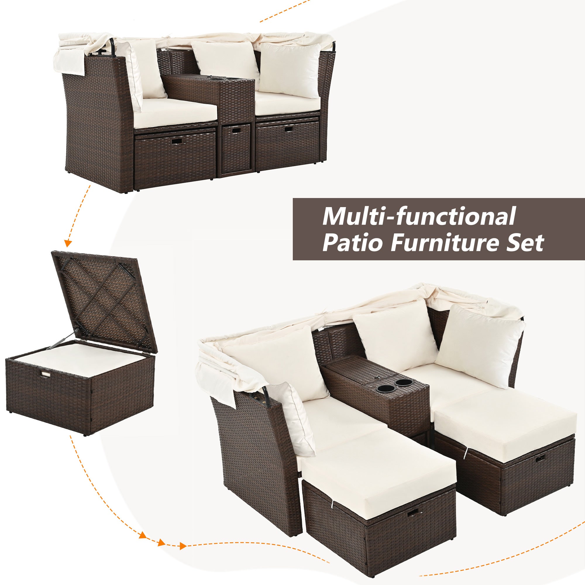 2 Seater Outdoor Patio Daybed with Foldable Awning & Cushions - Double Loveseat Sofa Set for Garden, Balcony, Poolside - Perfect for Relaxing, Sunbathing & Outdoor Lounging (Beige)