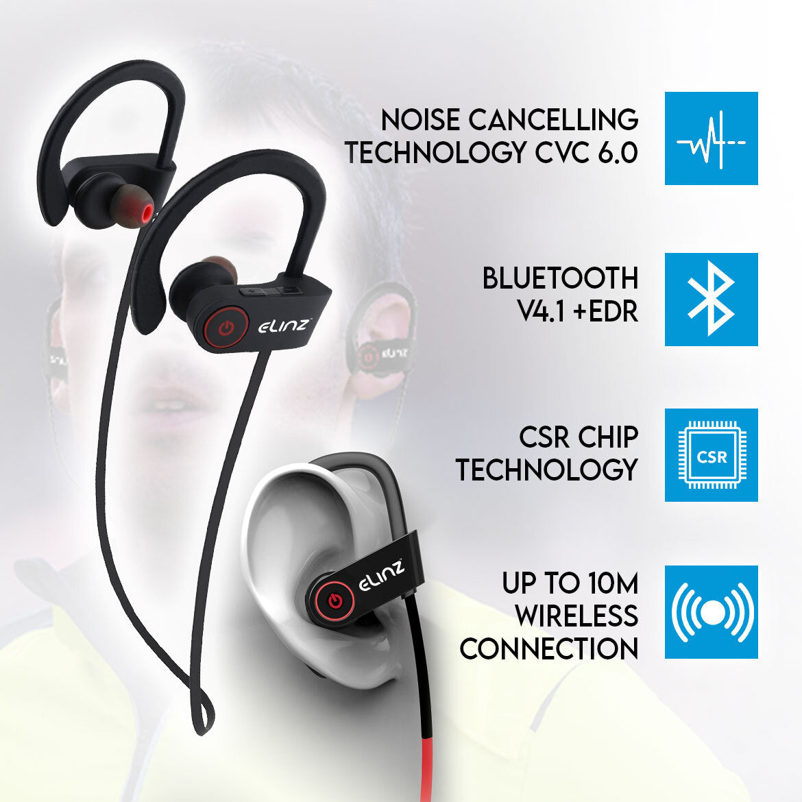 Elinz Bluetooth 4.1 Wireless Headphones with Built-in Mic - Lightweight Stereo Earphones for Sports, Running, Gym & Mobile Use - Sweatproof Wireless Earbuds for iPhone & Android