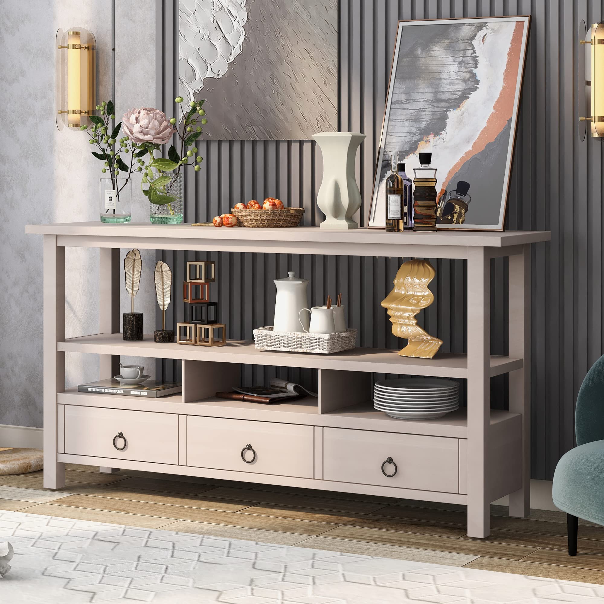Rustic Solid Wood Console Table with 3 Drawers - 2-Tier Farmhouse Entryway Table for Living Room, Hallway, or Foyer - Black & Gray Wash Finish | Perfect for Home Decor, Storage & Display