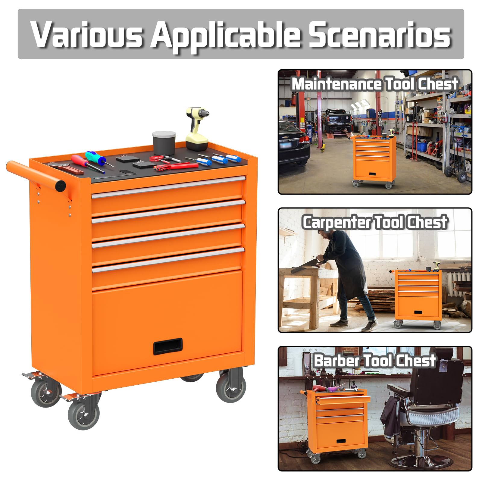 Heavy Duty 4-Drawer Rolling Tool Chest with Wheels - Metal Tool Storage Cabinet with Drawer Liners & Lockable Cart for Garage, Workshop, Auto Repair - Perfect for Mechanics, DIY Enthusiasts & Professional Technicians