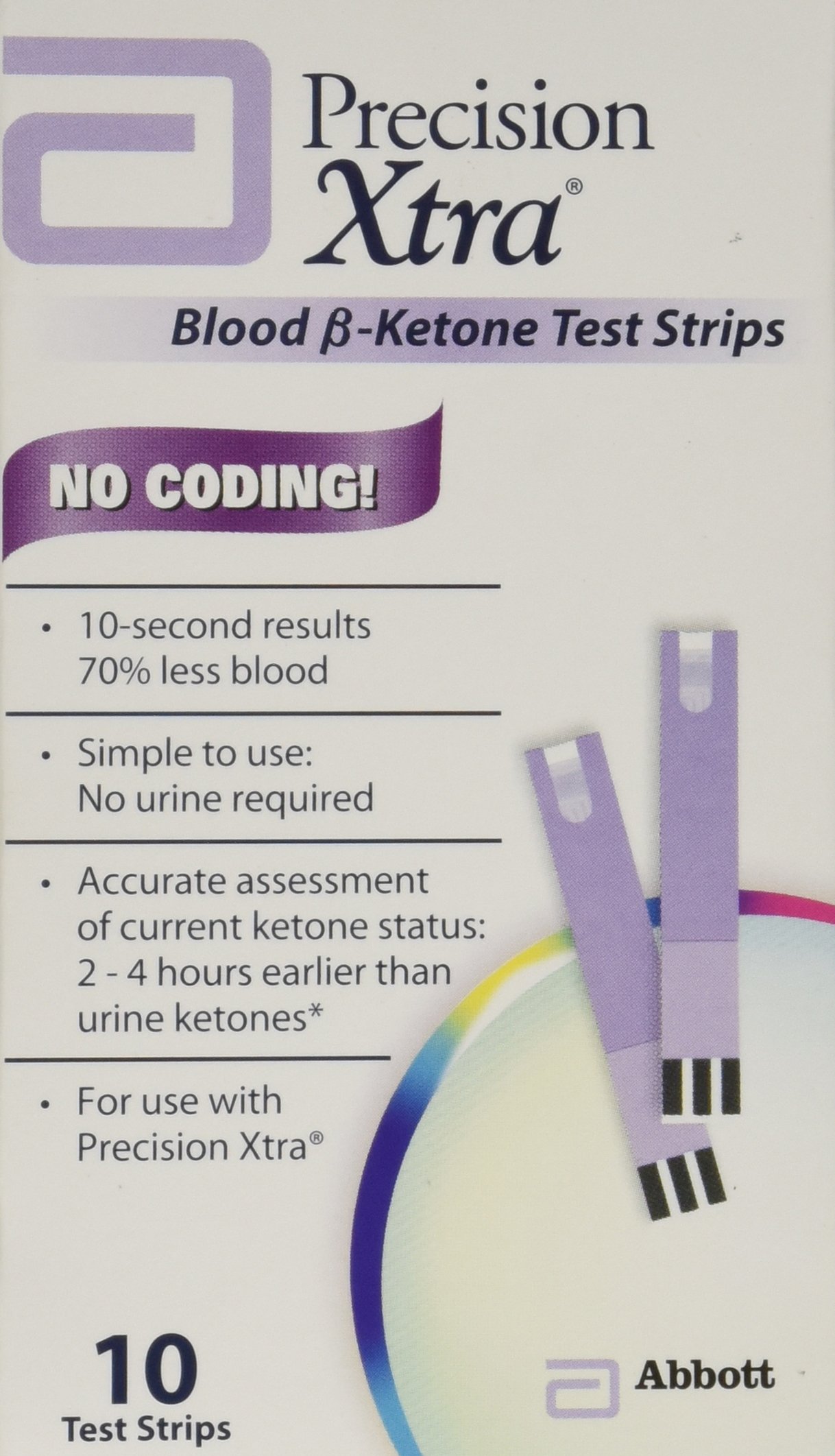 Precision Xtra Blood Ketone Test Strips - 10 Count Box | Accurate Ketosis Monitoring for Diabetics & Keto Diet | Home Use & Clinical Testing