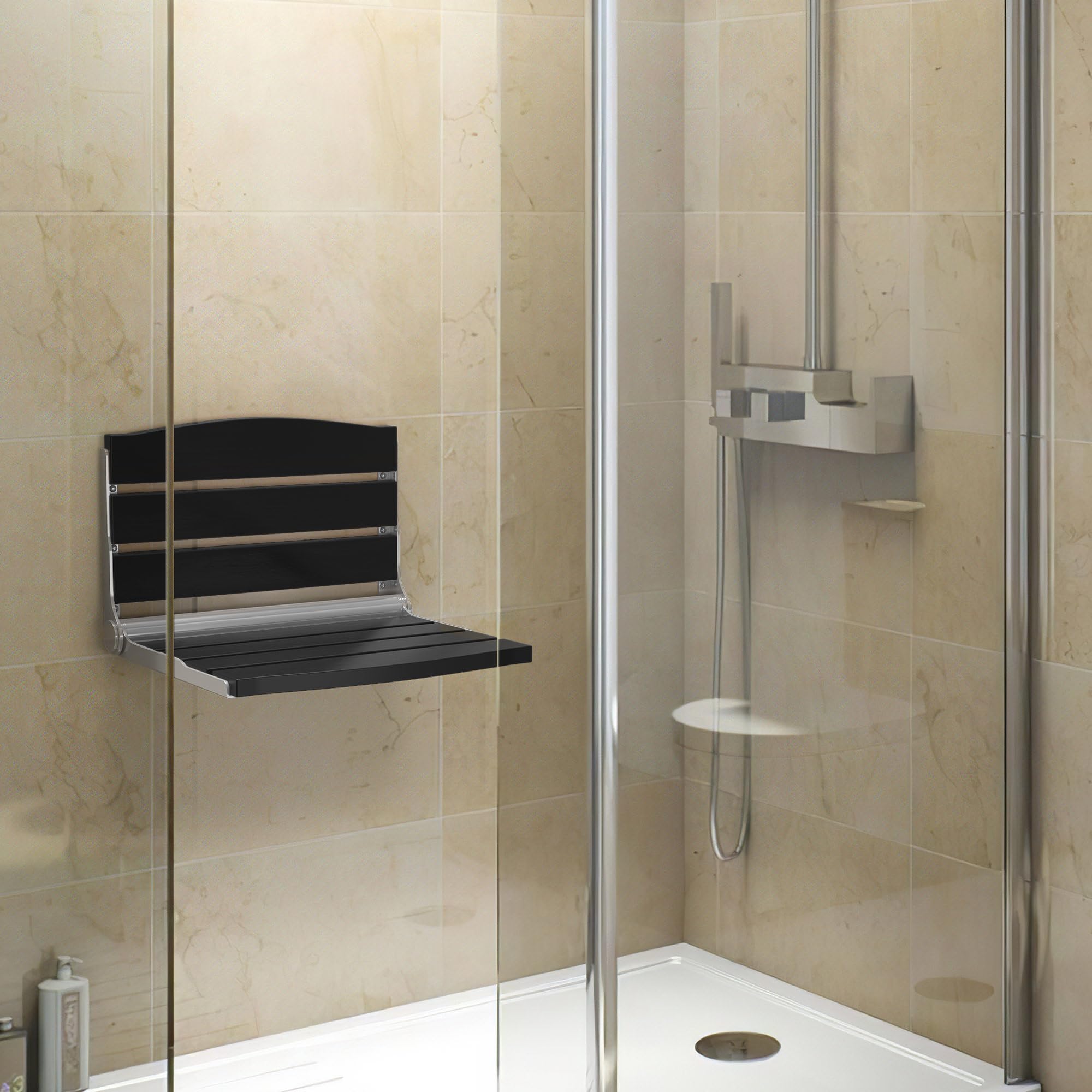 DWVO Folding Shower Seat Wall Mounted - Fold Down Shower Bench for Elderly, Disabled & Pregnant Women - Non-Slip Bathroom Safety Chair for Home Care (Black) - Ideal for Small Bathrooms & Assisted Living Spaces
