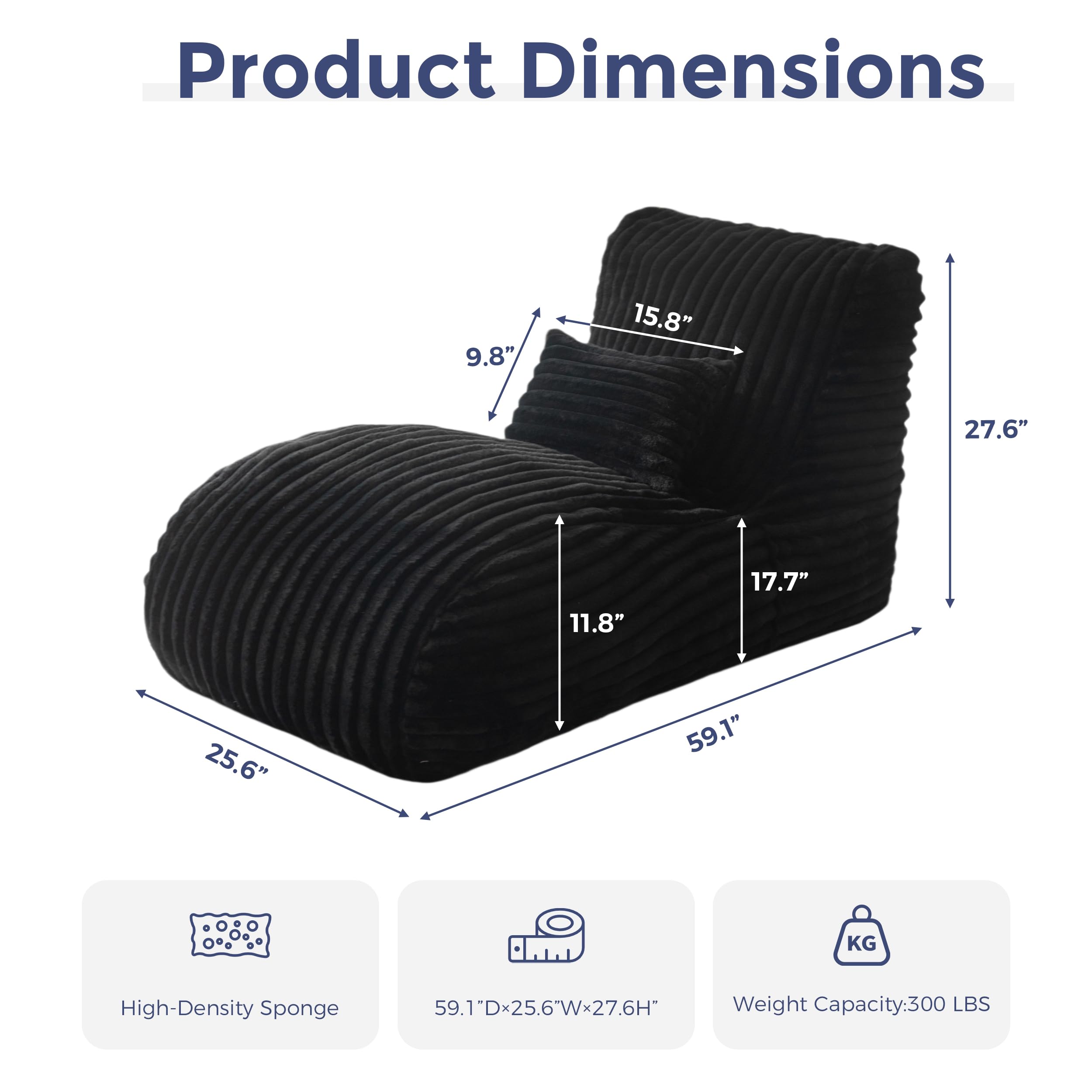 MAXYOYO Ergonomic Chaise Lounge Chair with Pillow - Soft Velvet Fabric Floor Sofa for Bedroom & Living Room - Comfortable Fainting Couch for Relaxation, Reading & Lounging - Black