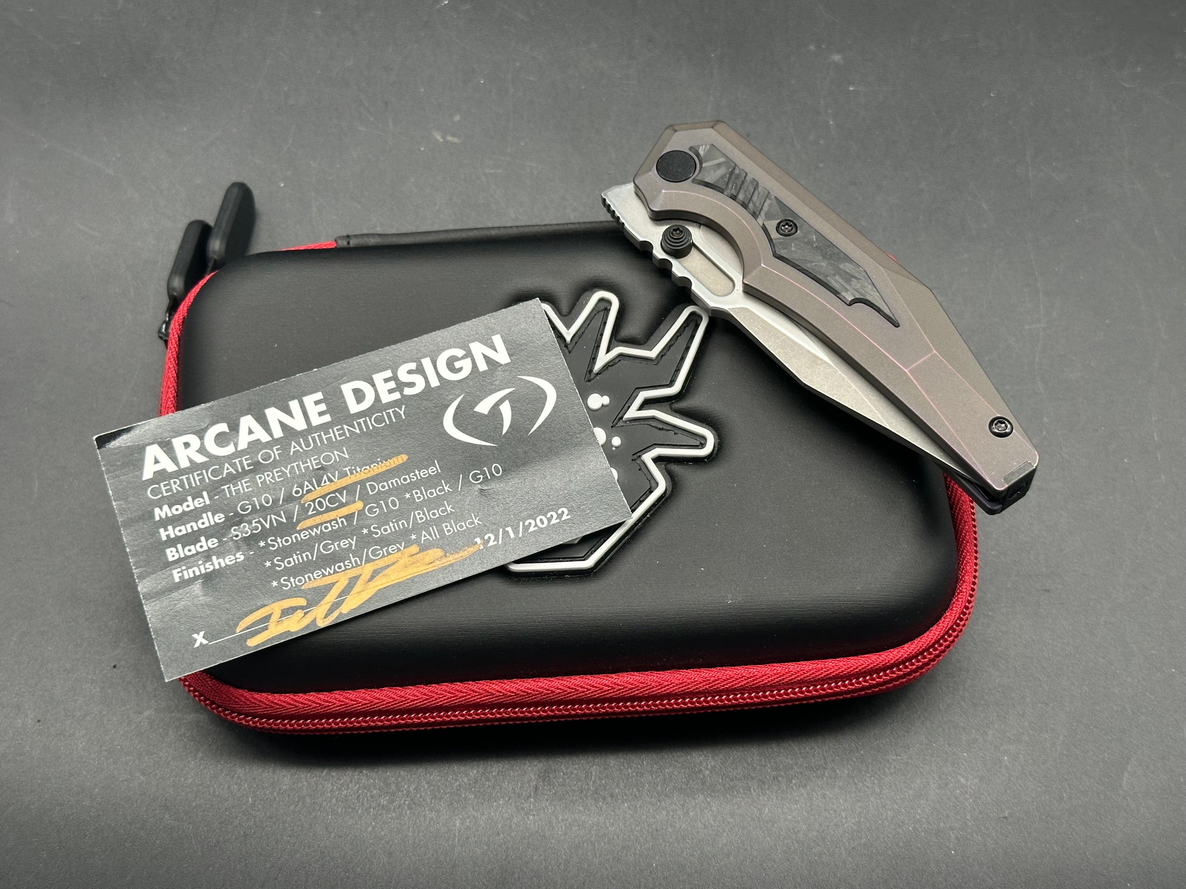 Arcane Design The Preytheon Custom Purple Titanium Folding Knife with Glow Carbon Fiber Inlays - Clip Point Blade, Grey Stonewash Finish & Satin Flats in Premium 20CV Steel | EDC, Outdoor Survival, Camping & Tactical Gear