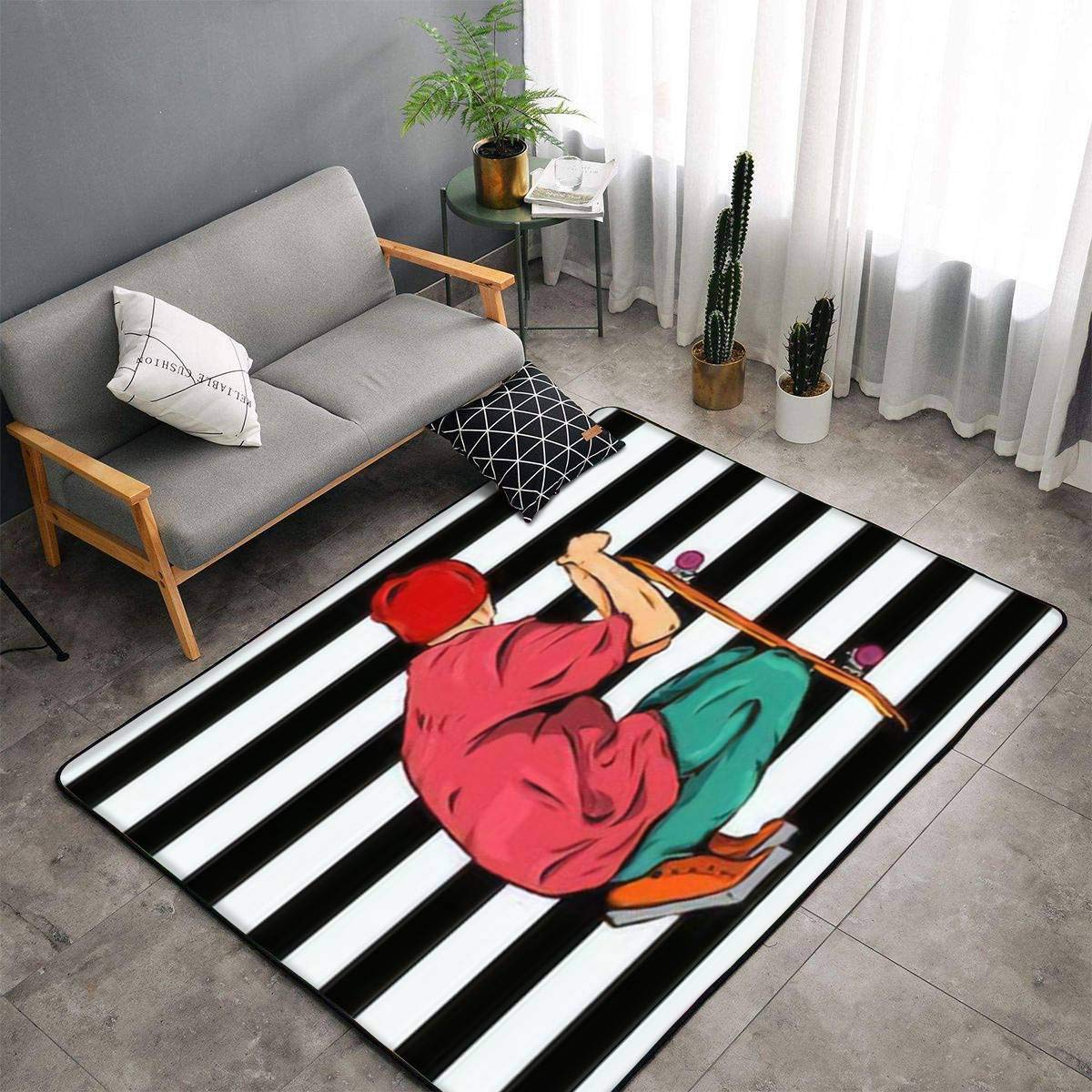 Non-Slip Skateboard Themed Striped Area Rug - Soft Indoor/Outdoor Floor Mat for Living Room, Nursery, Yoga & Skateboarder Decor - Durable Runner Carpet for Home, Door Mat, Throw Rug