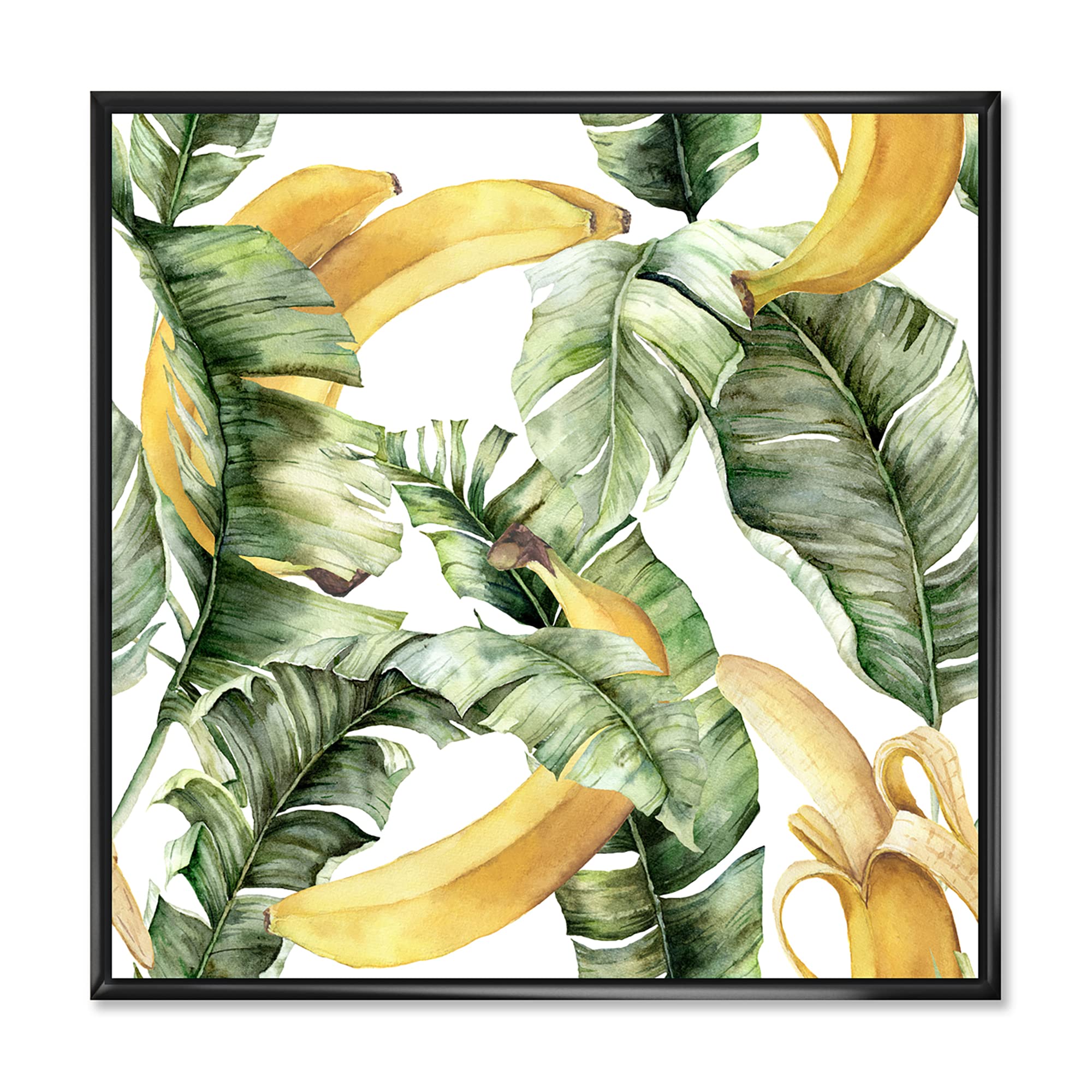 DesignQ Ripe Bananas With Leaves - Coastal Framed Canvas Wall Art Print, Green, 36x36 Inches - Perfect for Beach House Decor, Tropical Kitchen Wall Art & Farmhouse Dining Room